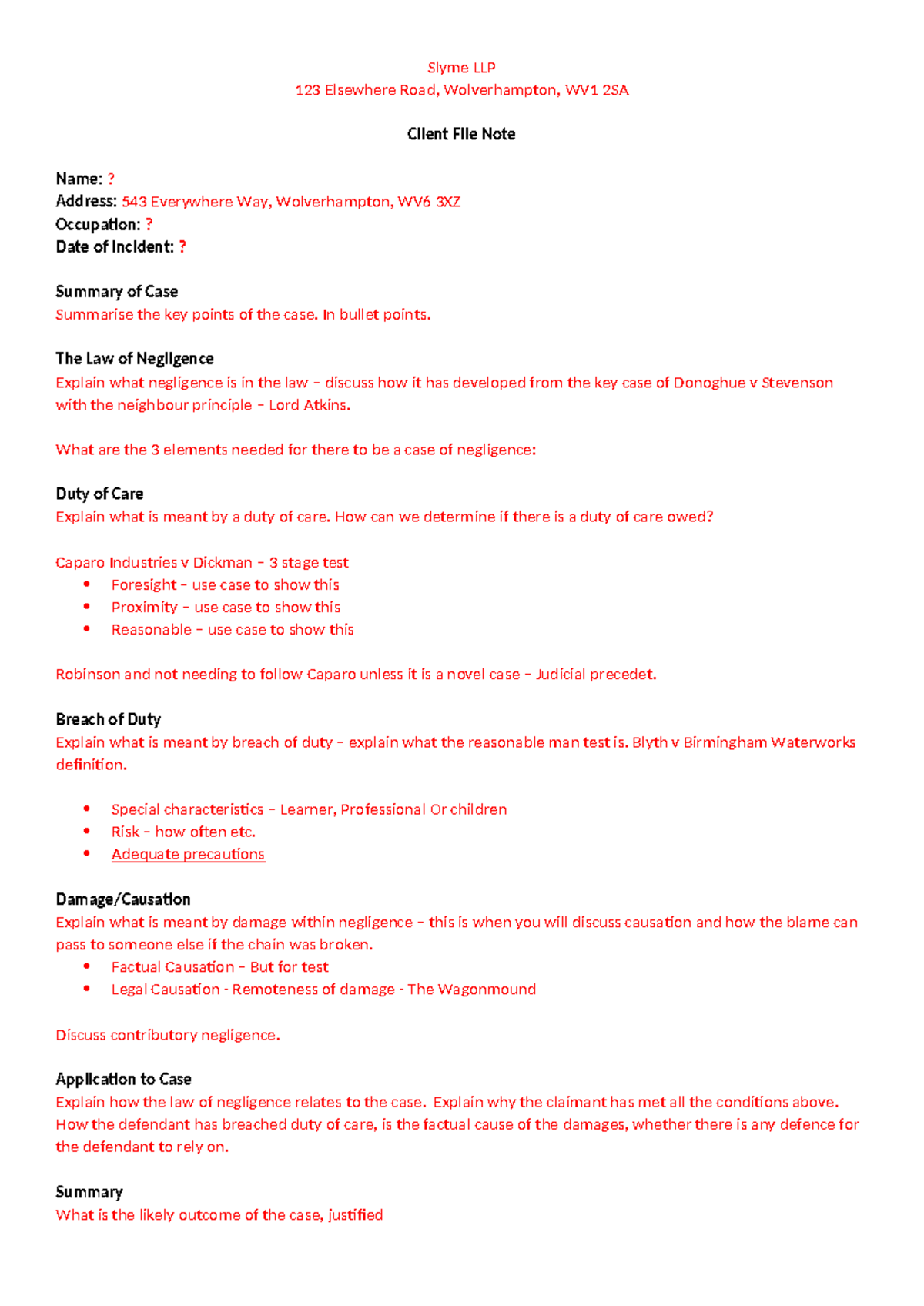File note template - Slyme LLP 123 Elsewhere Road, Wolverhampton, WV1 ...