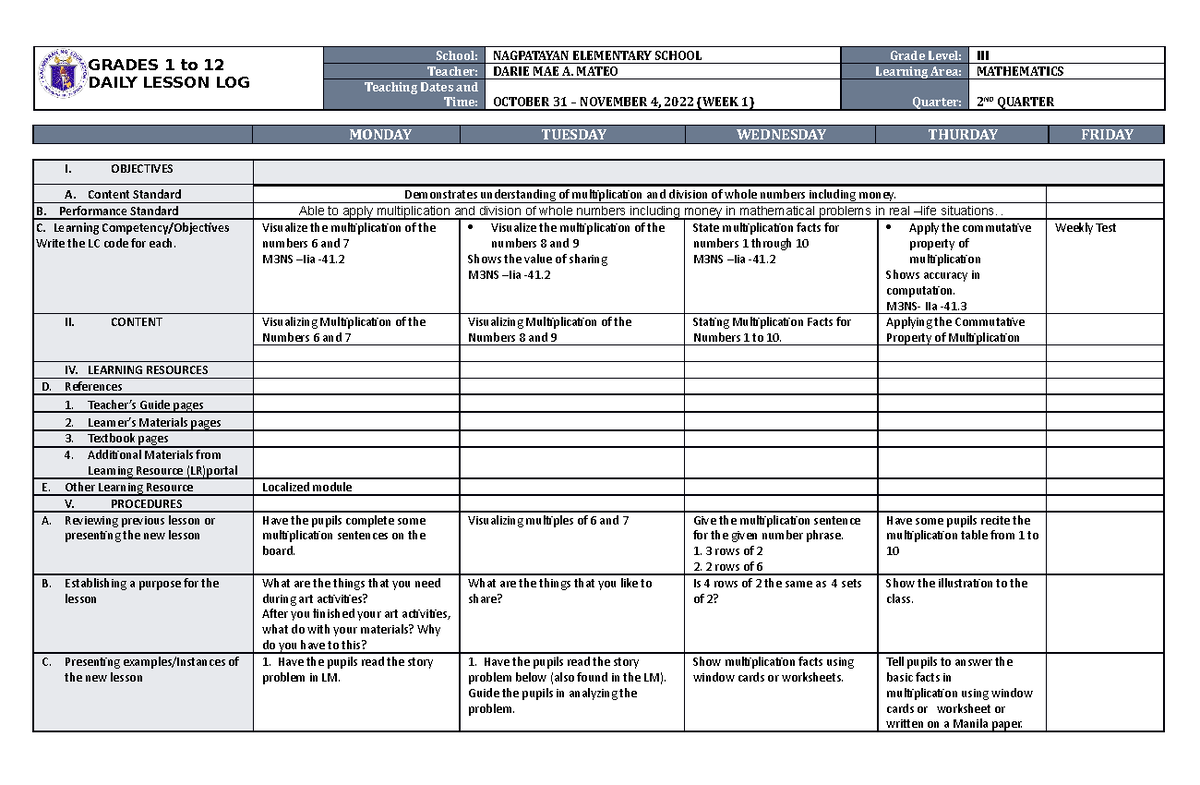 DLL Mathematics 3 Q2 W1 - Technology for Teaching and Learning 1 ...