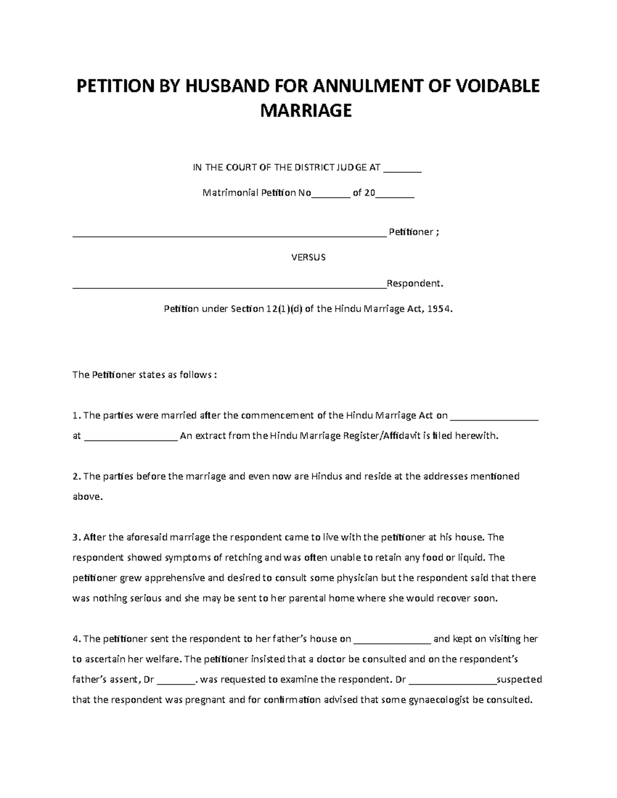 Petition BY Husband FOR Annulment OF Voidable Marriage - PETITION BY ...