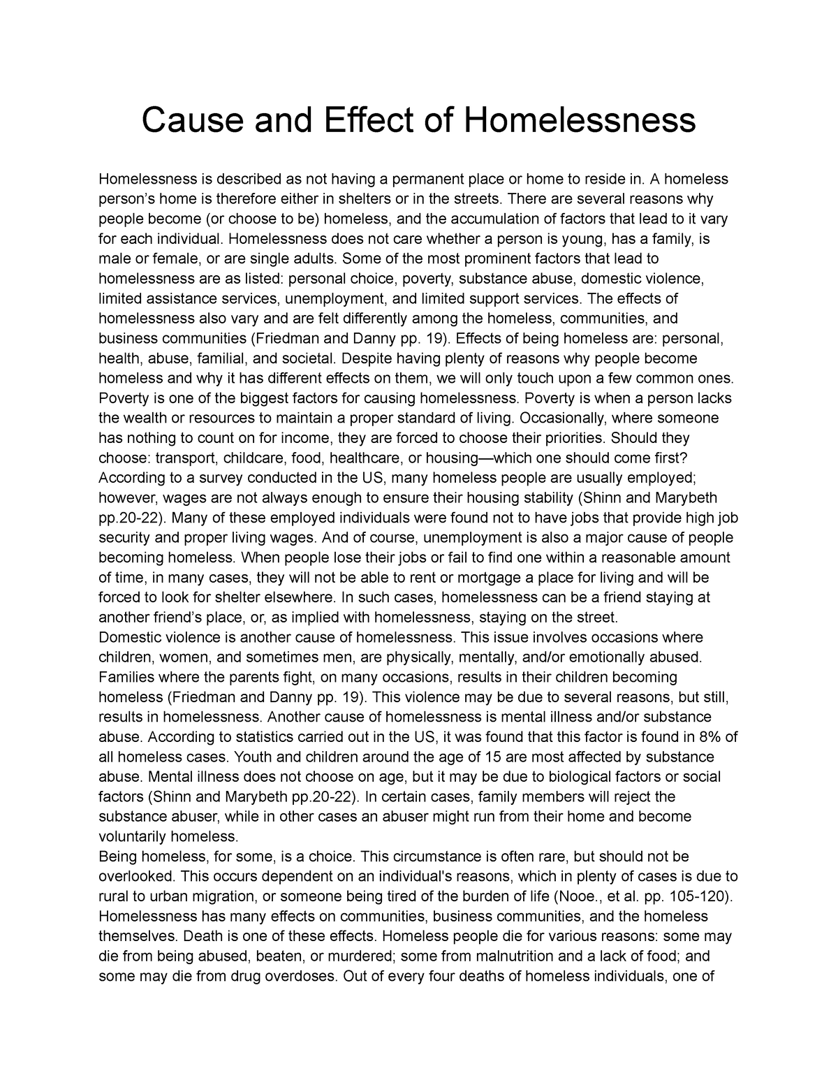 homelessness essay cause and effect