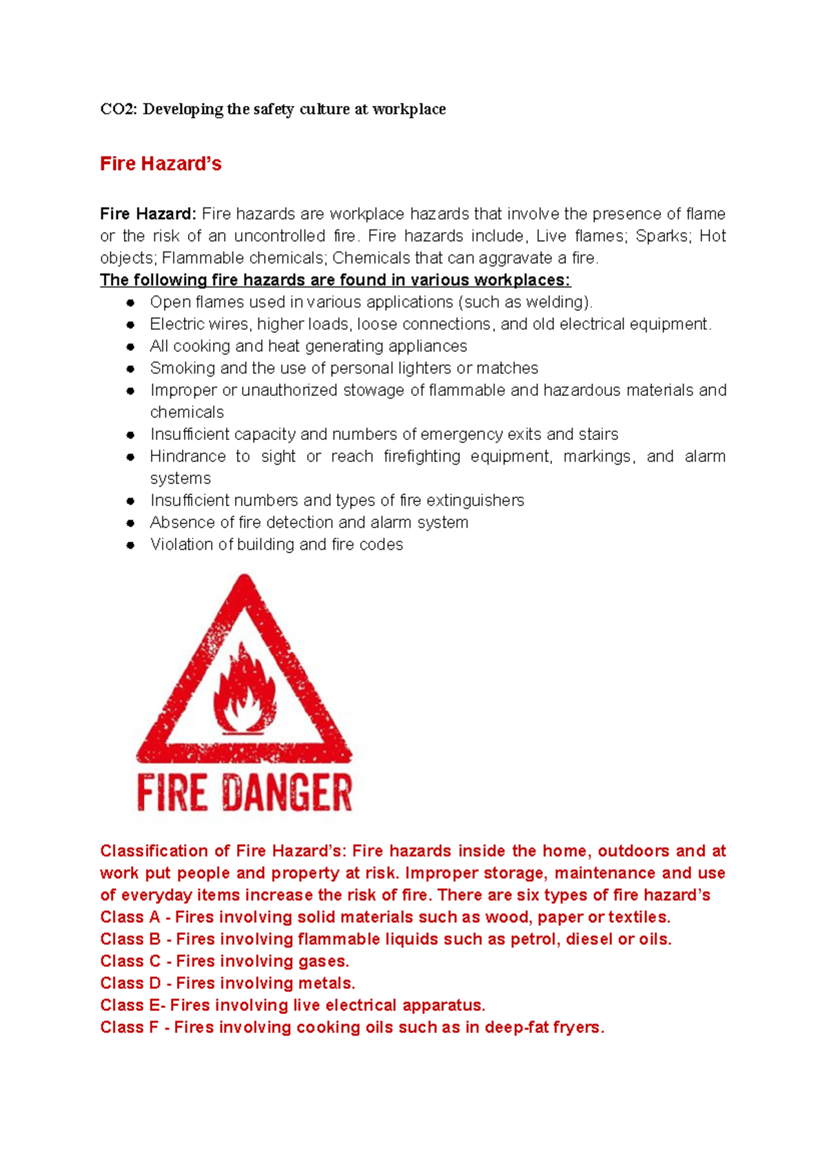 1.3 Fire Hazard HSEM CO2 Developing the safety culture at