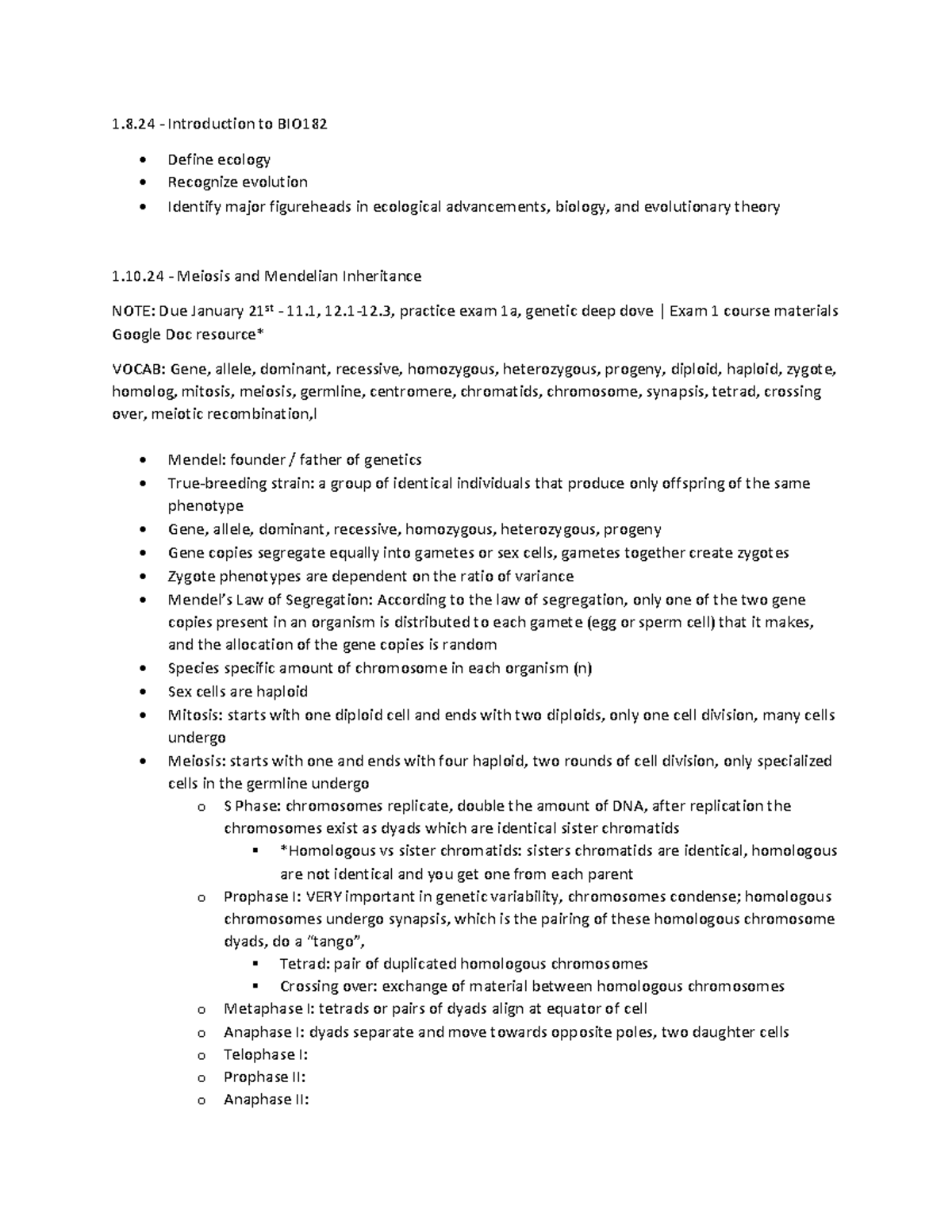 Bio1 - INFO NOTES FOR EXAM 1 - 1.8 - Introduction to BIO - Define ...