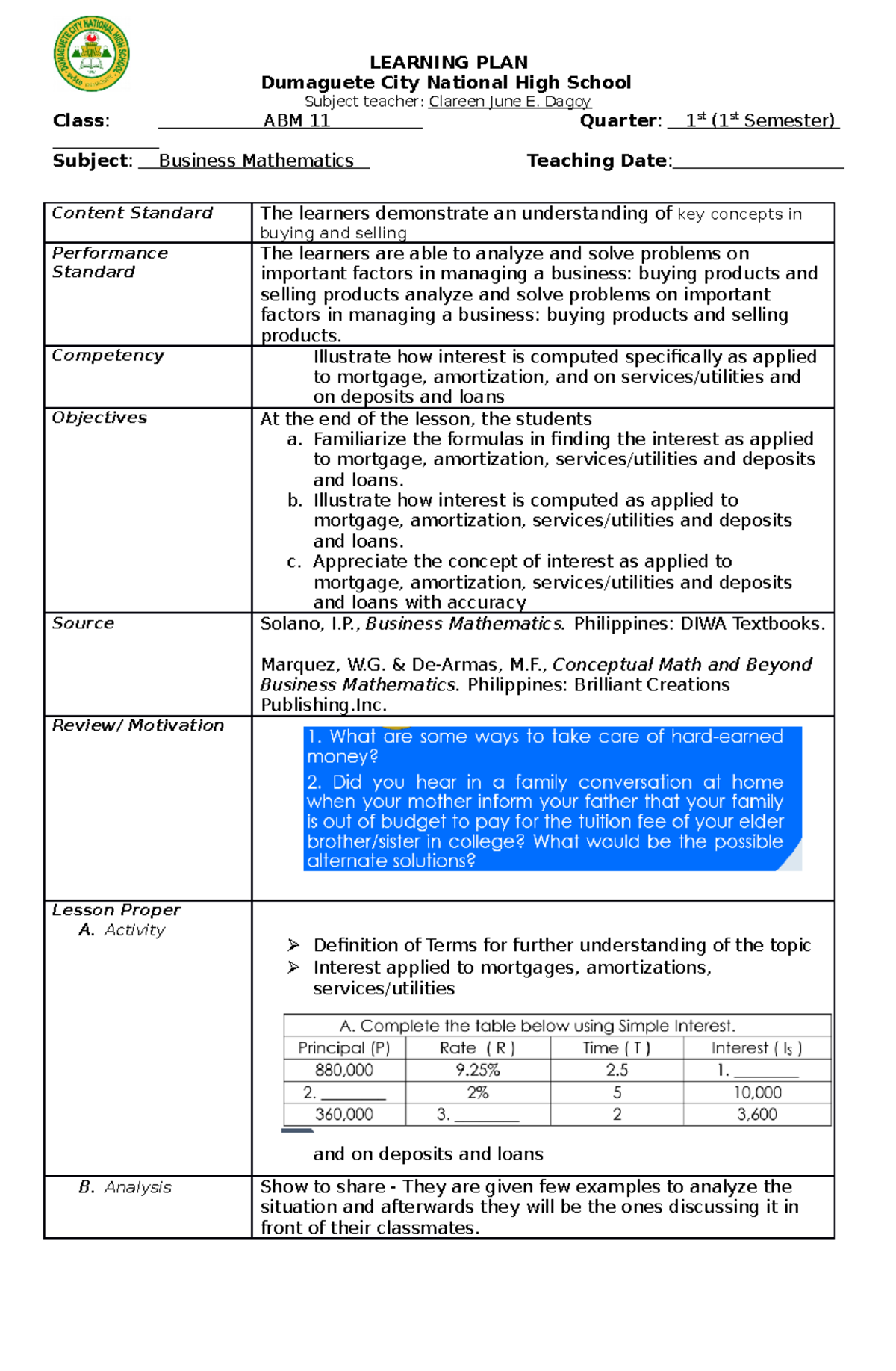 LP Week 8 Business Math LEARNING PLAN Dumaguete City National High