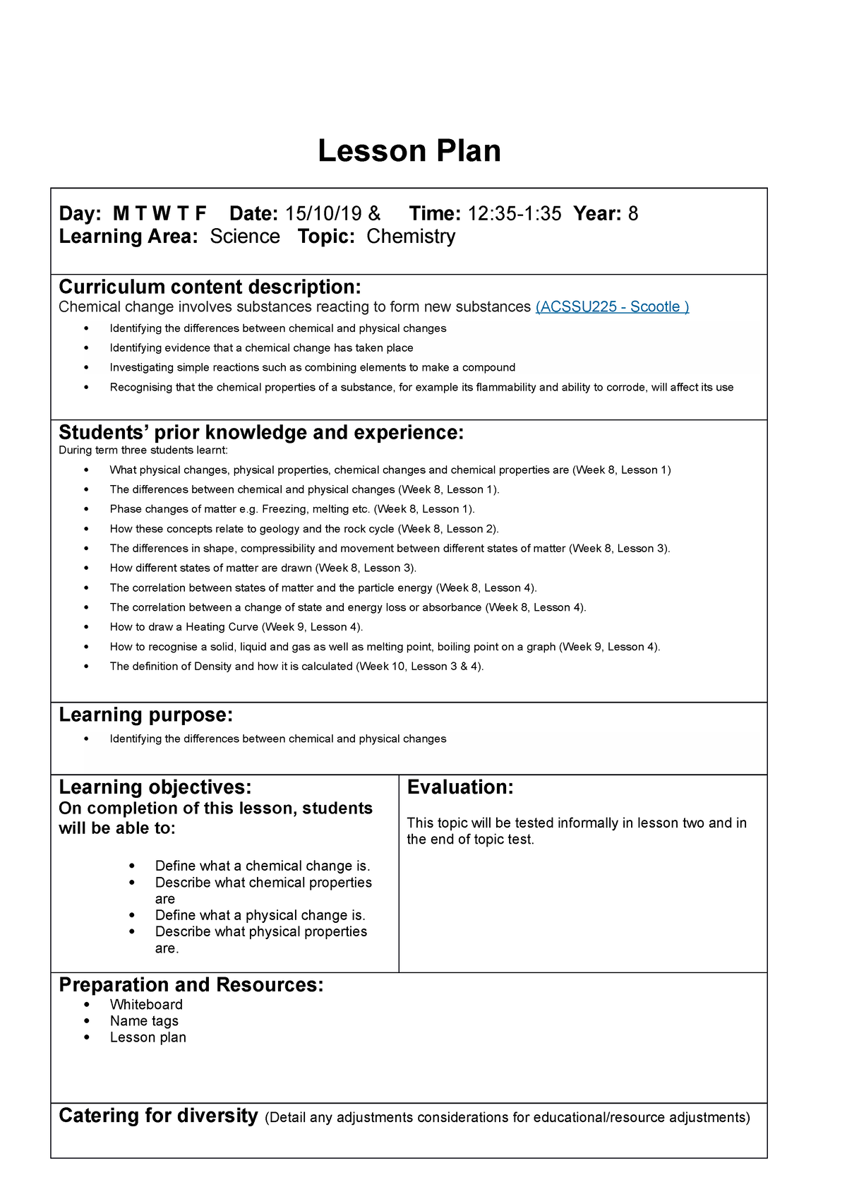 Yr8 Example lesson plan - Lesson Plan Day: M T W T F Date: 15/10/19 ...