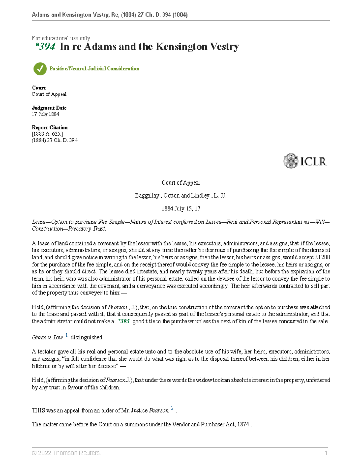 Adams and Kensington Vestry Re For