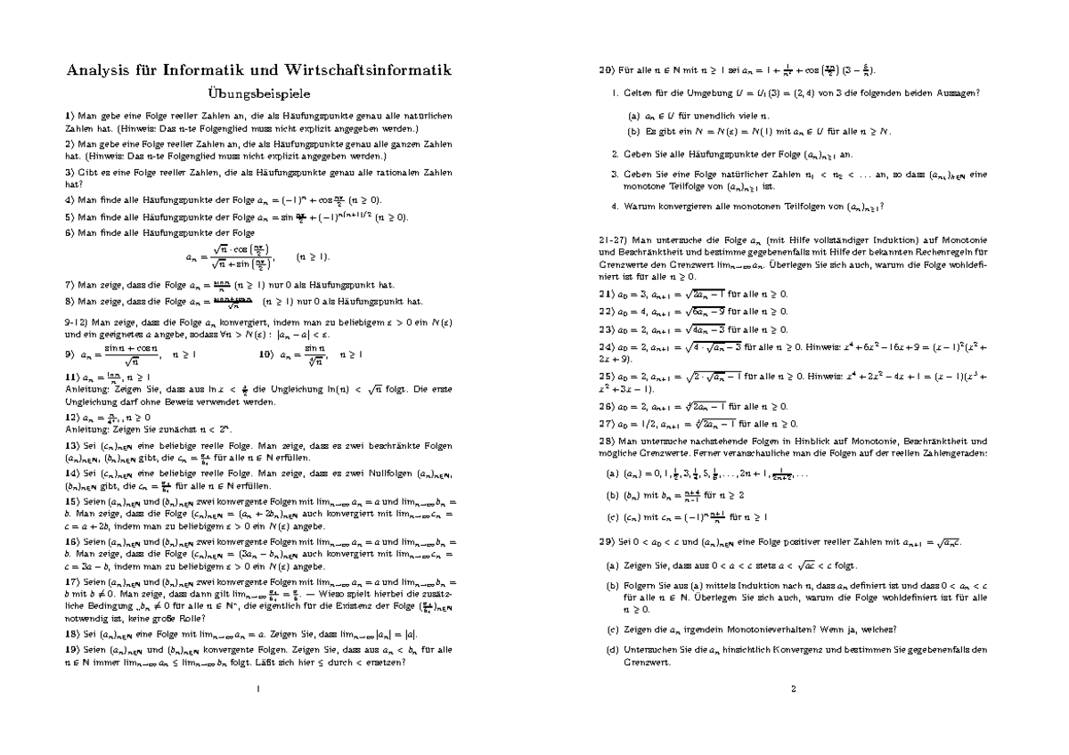 Analysis Für Informatiker Upb Analysis Beispielsammlung 2021W - Analysis f ̈ur Informatik und