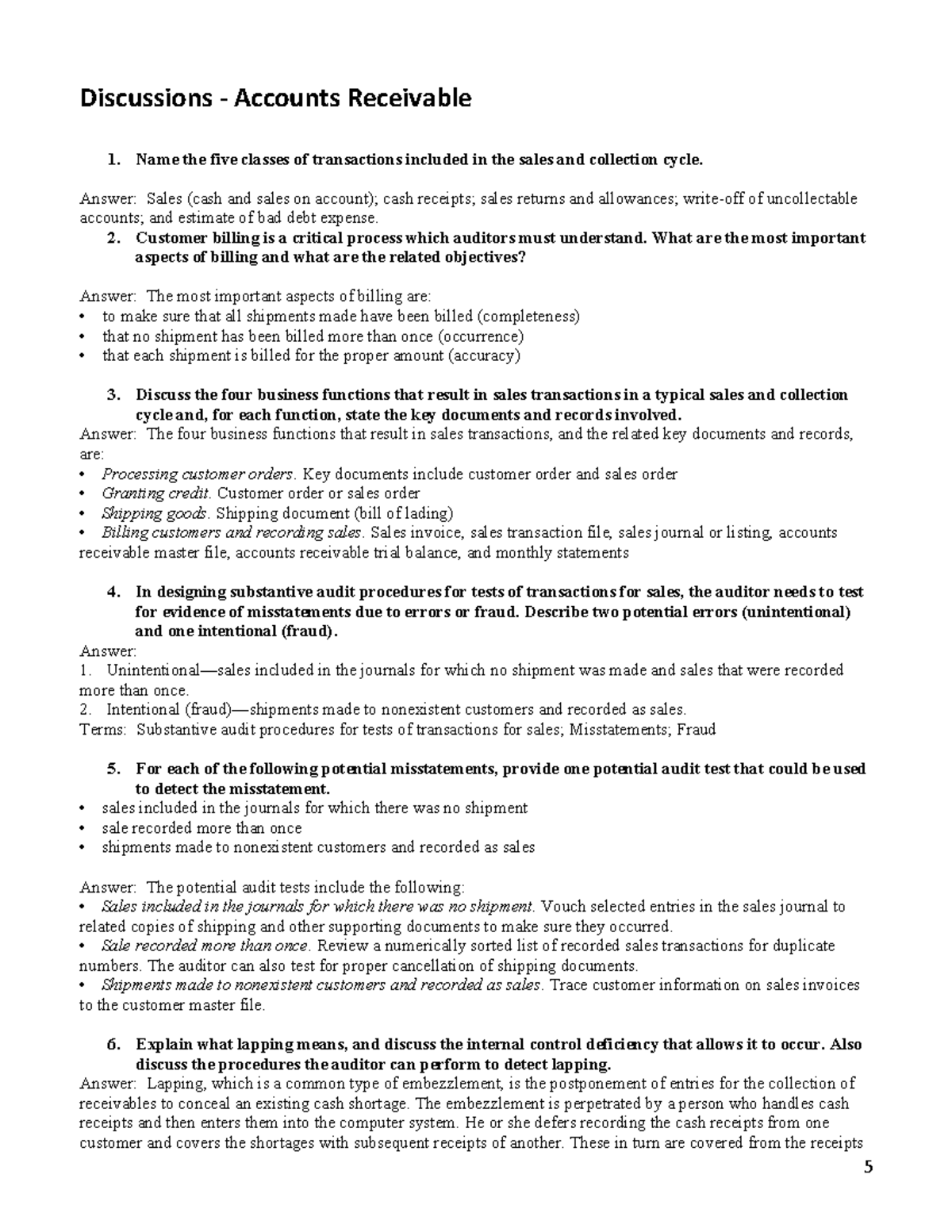 auditing practices - 5 Discussions - Accounts Receivable Name the five ...