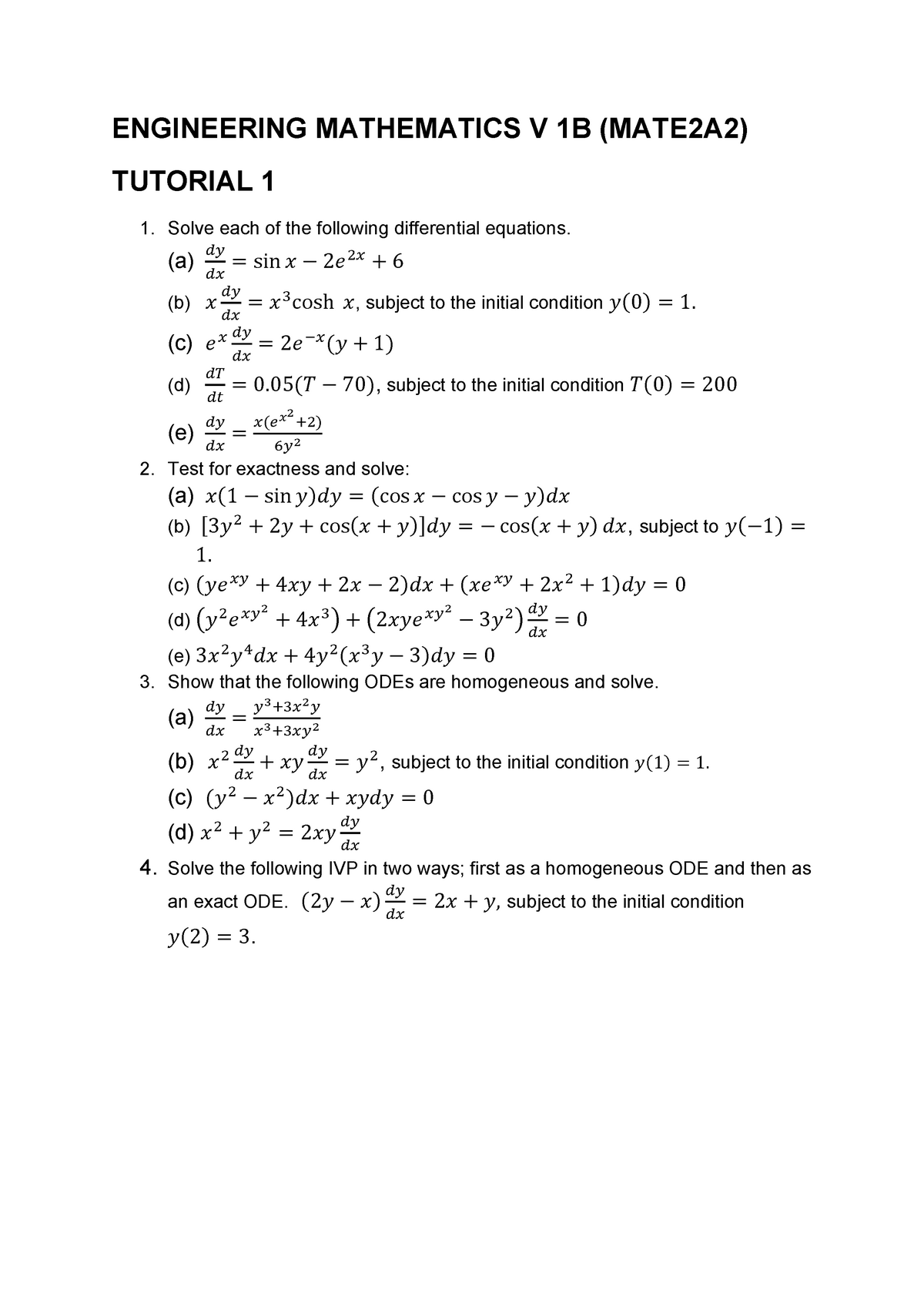 2021 Engineering Mathematics V 1B Tutorial 1 - ENGINEERING MATHEMATICS ...