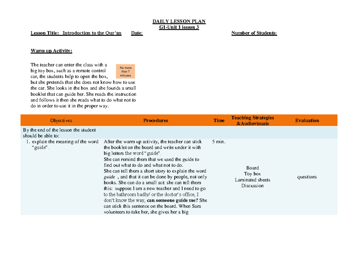 ILPY1U1L3 - Lesson plan - No more than 7 minutes DAILY LESSON PLAN G1 ...