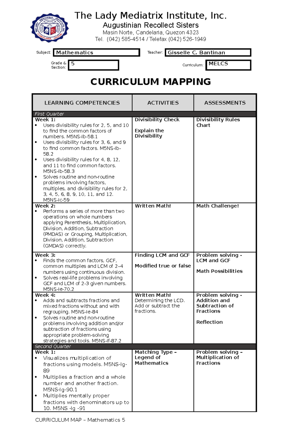 Curriculum MAP MATH 5 Augustinian Recollect Sisters Masin Norte