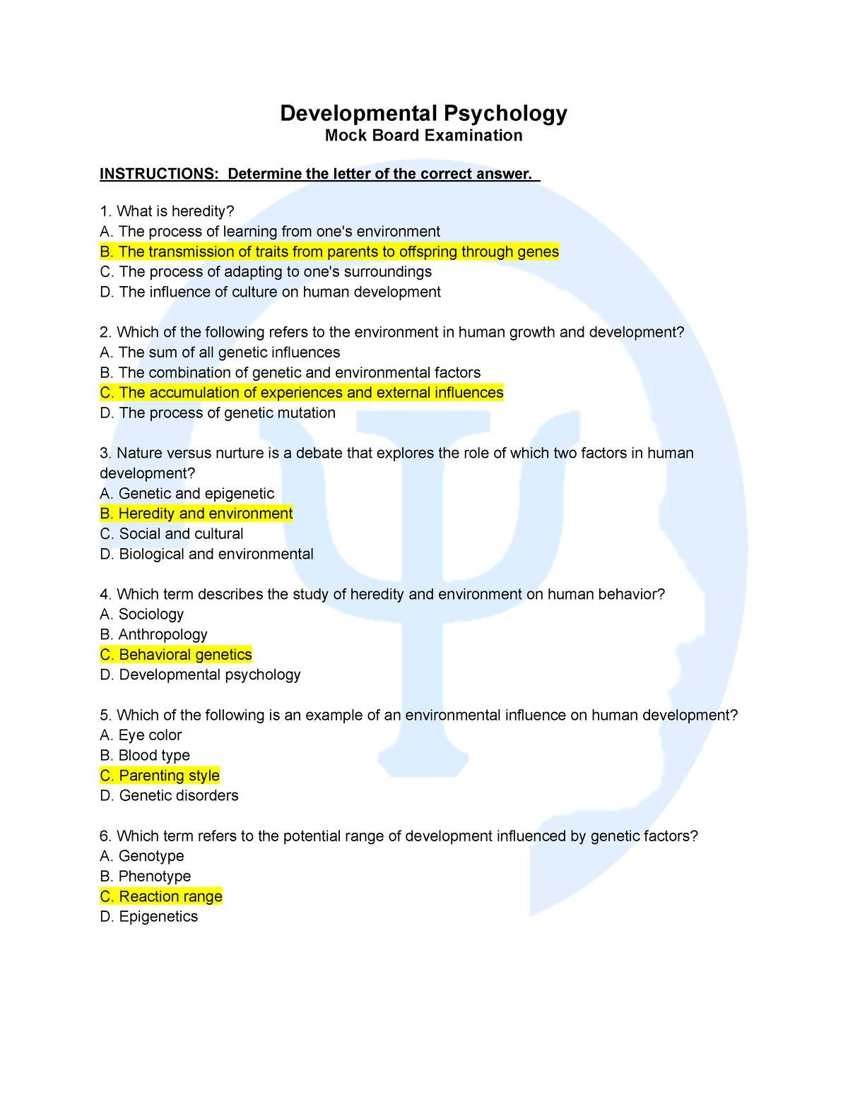 Developmental-Psych-Boards With-answers - Developmental Psychology Mock ...