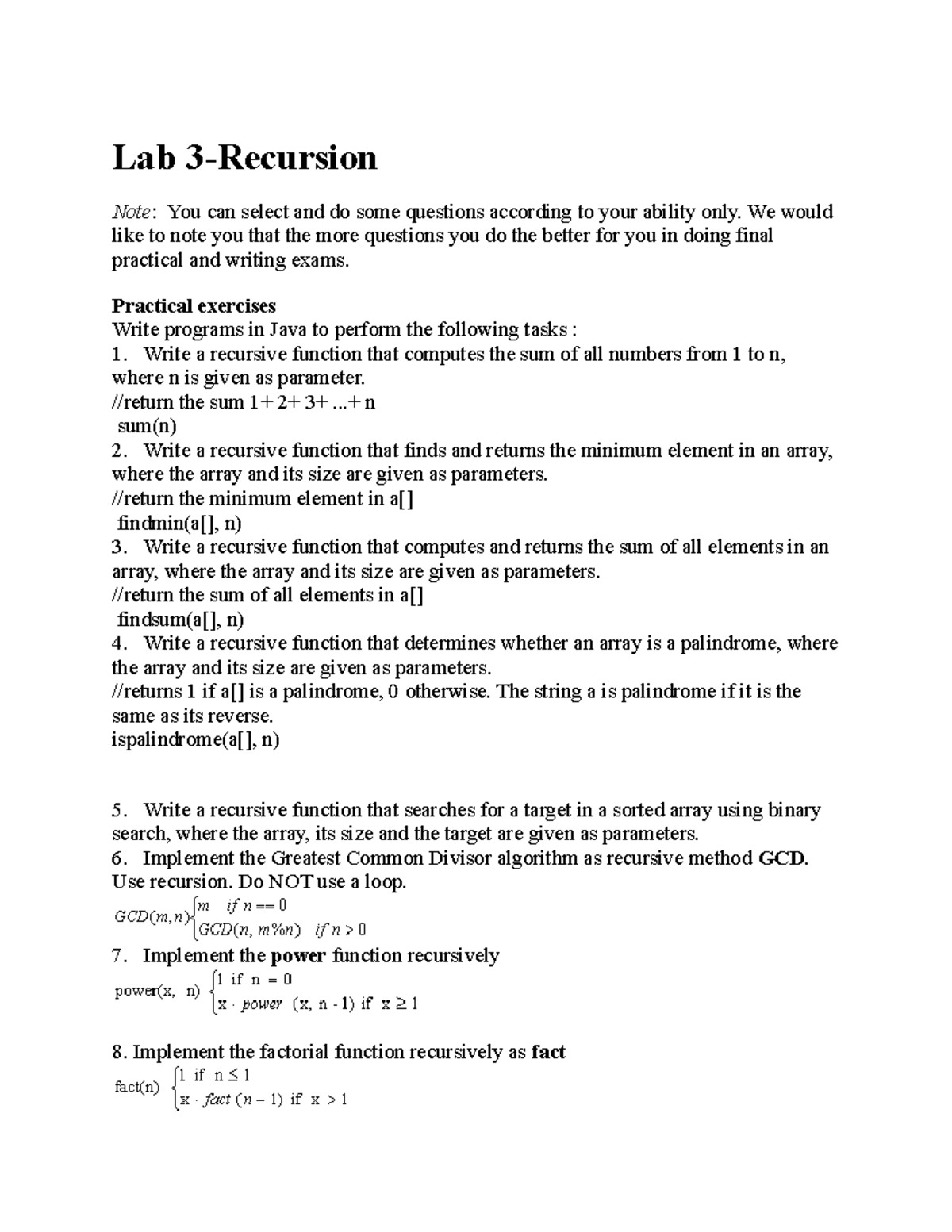 practice recursion - Lab 3-Recursion Note: You can select and do some ...