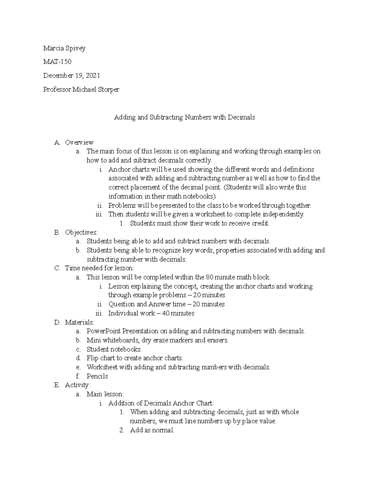 Final Lesson Plan (MAT-150) - Marcia Spivey MAT- December 19, 2021 ...