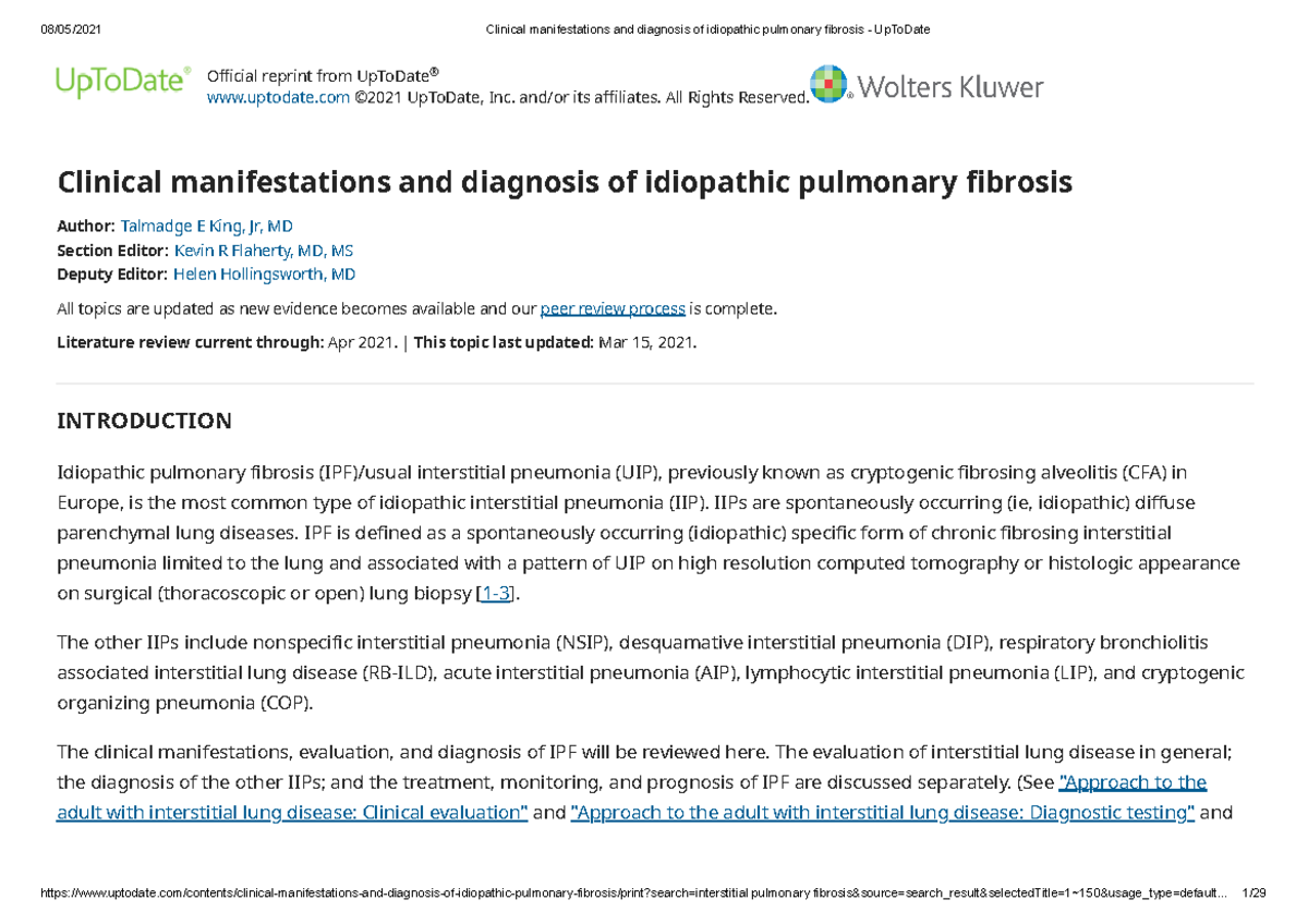 Clinical manifestations and diagnosis of idiopathic pulmonary fibrosis ...