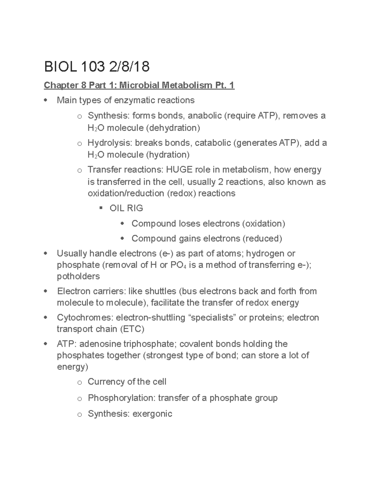 BIOL 103 Chapter 8 Microbial Metabolism Part 1 BIOL 103 2/8/18