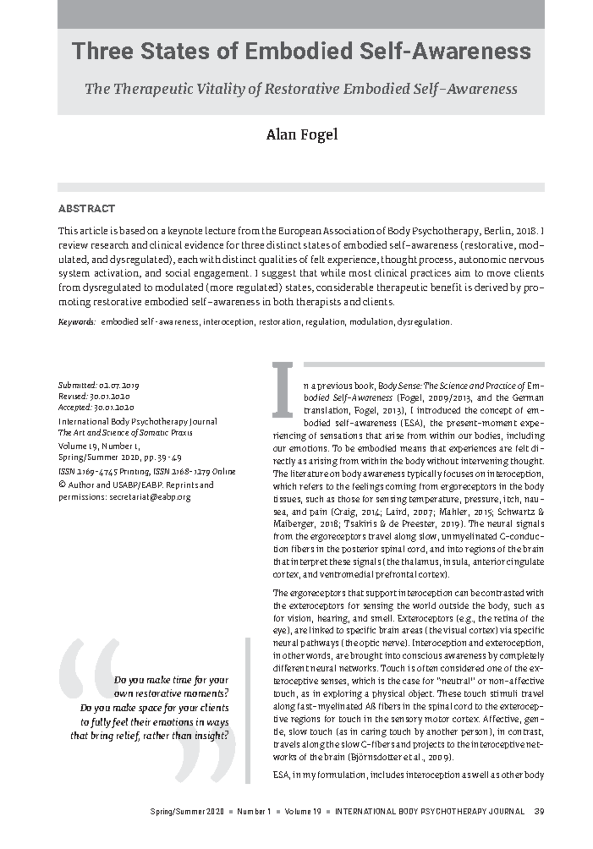 Alan Fogel - Three States of Embodied Self-Awareness - Spring/Summer ...