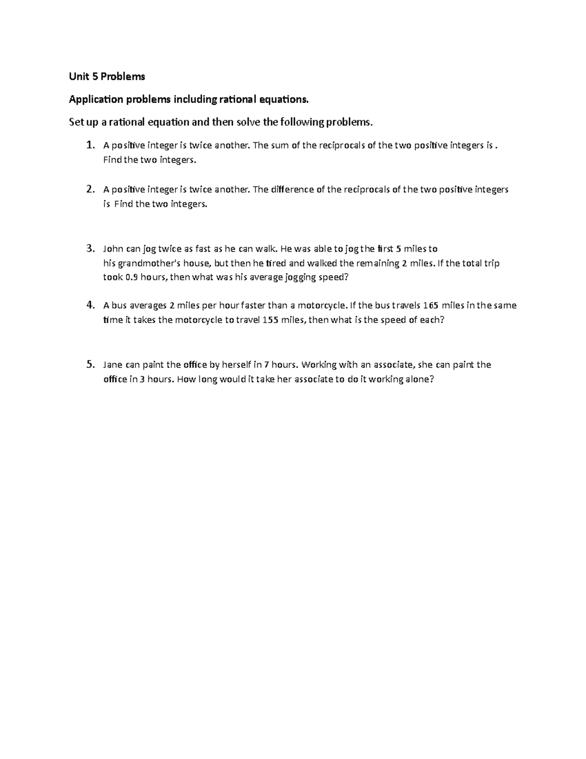 Unit 5 Problems 2020 Unit 5 Problems Application problems including