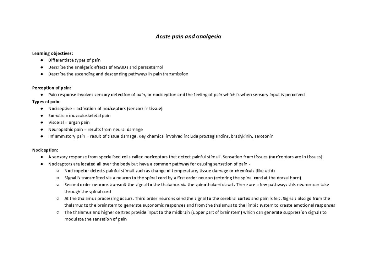 Sem 2 week 10 lecture notes - Acute pain and analgesia Learning ...