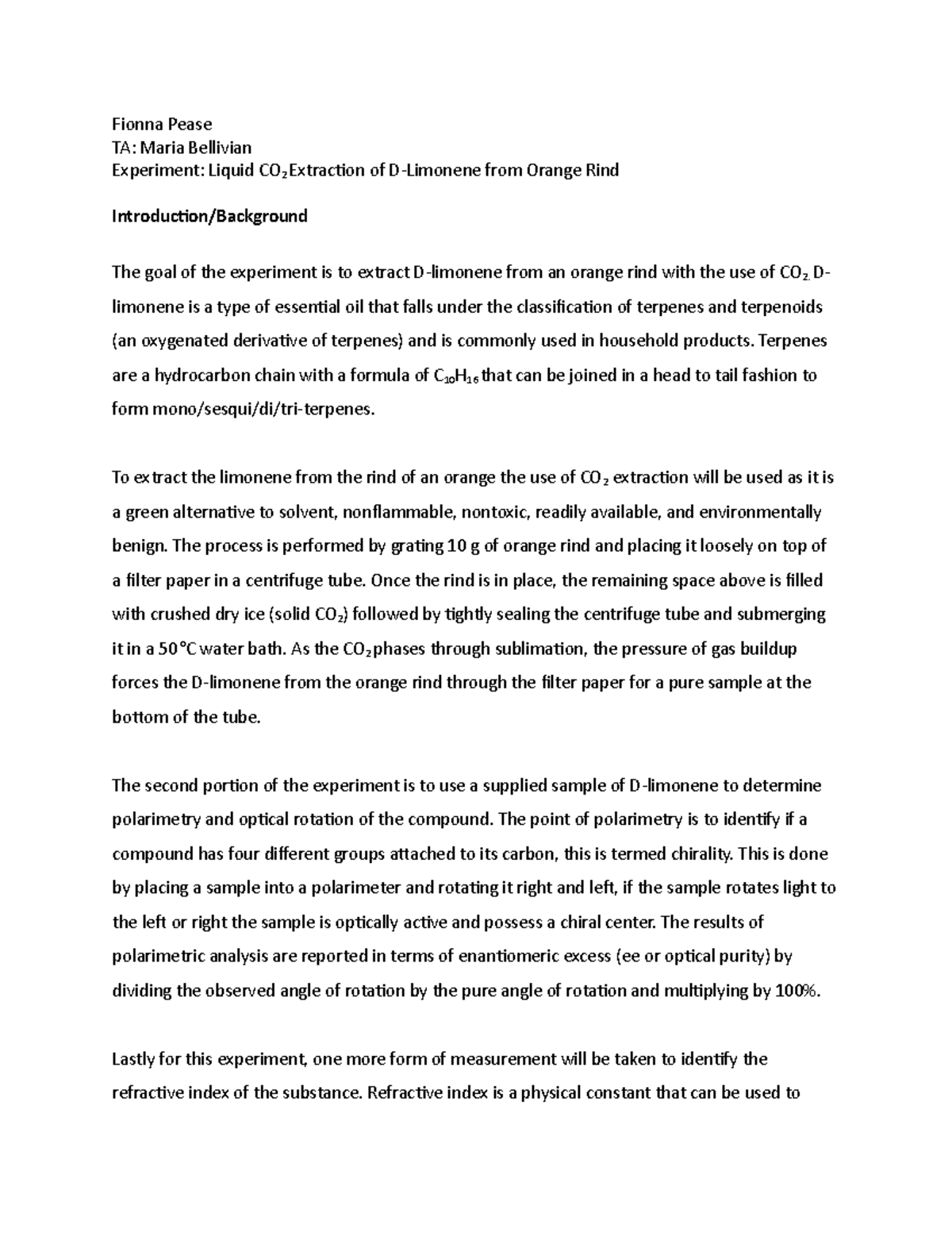 Post Lab 4 Liquid CO2 Extraction of DLimonene from Orange Rind