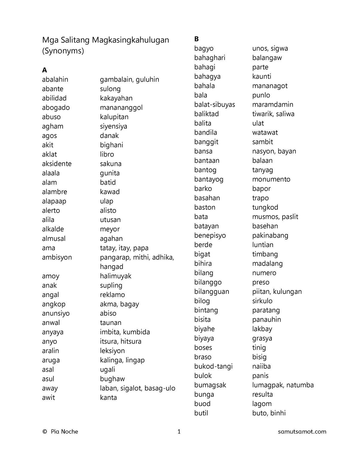 List of Filipino synonyms with pairs - Mga Salitang Magkasingkahulugan