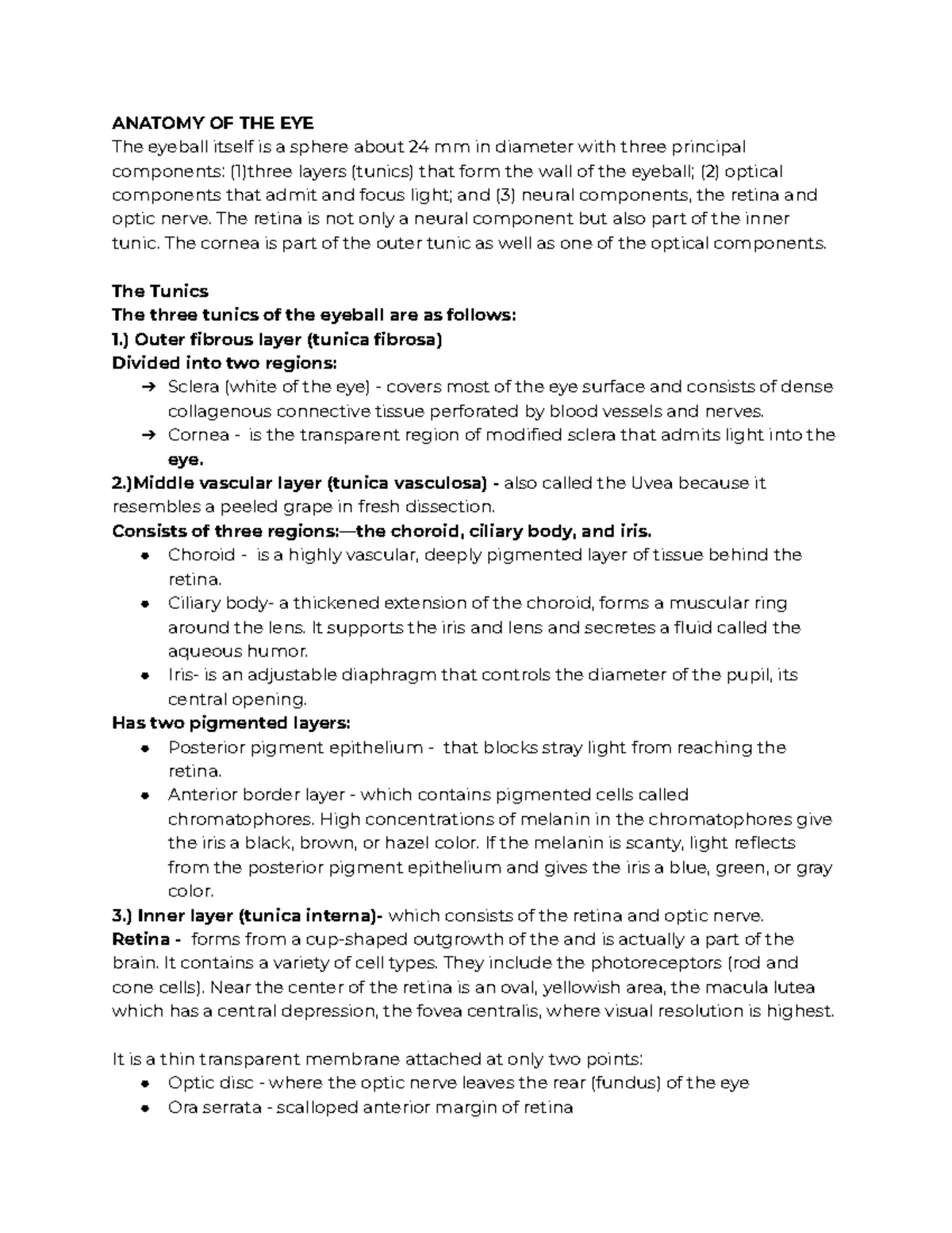 Anatomy OF THE EYE - Lecture notes 1 - ANATOMY OF THE EYE The eyeball ...