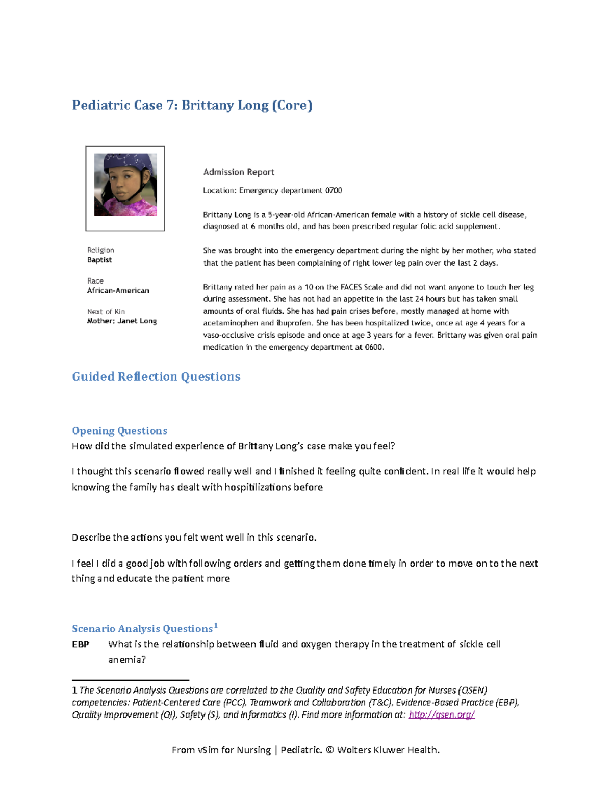 Britney Long VSim Scenario case study answers Pediatric Case 7