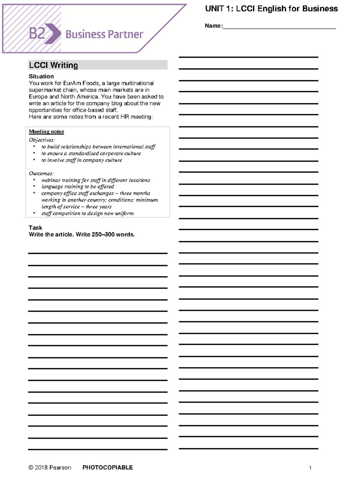 BP B2 Tests Unit1 LCCI - © 2018 Pearson PHOTOCOPIABLE 1 UNIT 1: LCCI ...