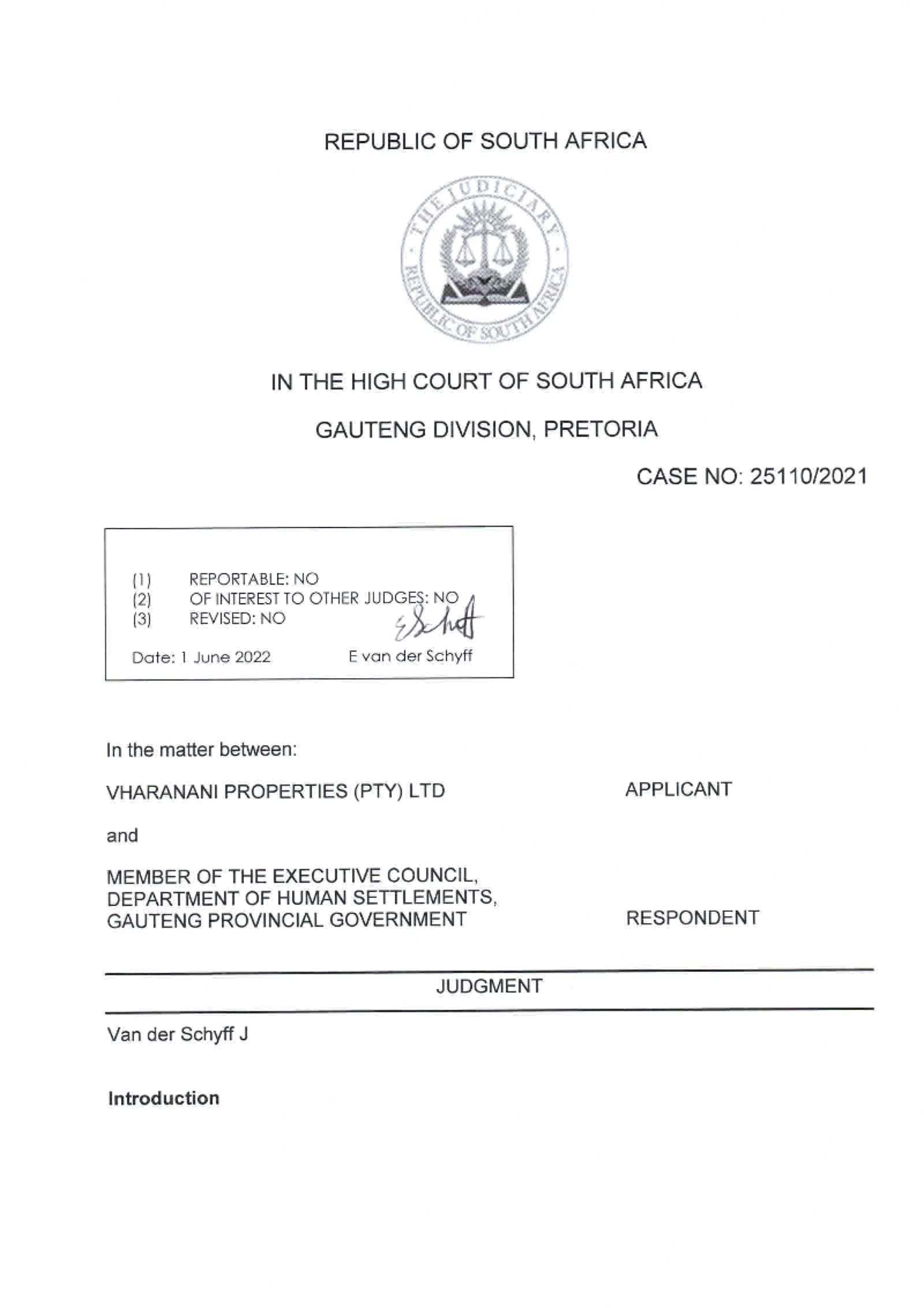 Case law - good - REPUBLIC OF SOUTH AFRICA IN THE HIGH COURT OF SOUTH ...