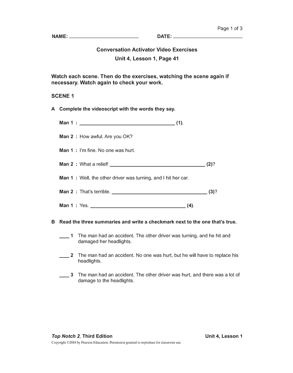 UNIT 4 - jjjjjjj - Top Notch 2, Third Edition Unit 4, Lesson 1 NAME ...