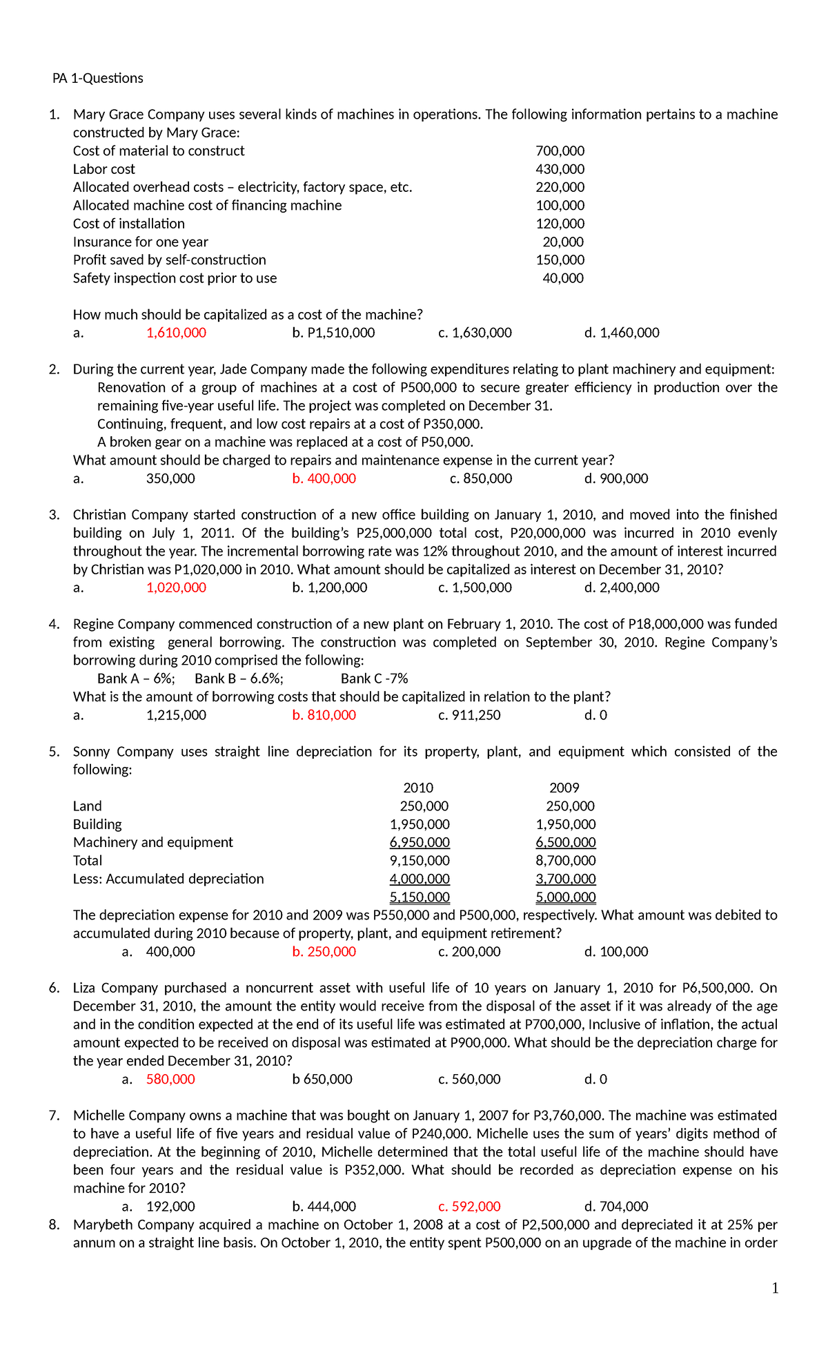 Intermediate Accounting 3 Set Questions for practice PA 1Questions