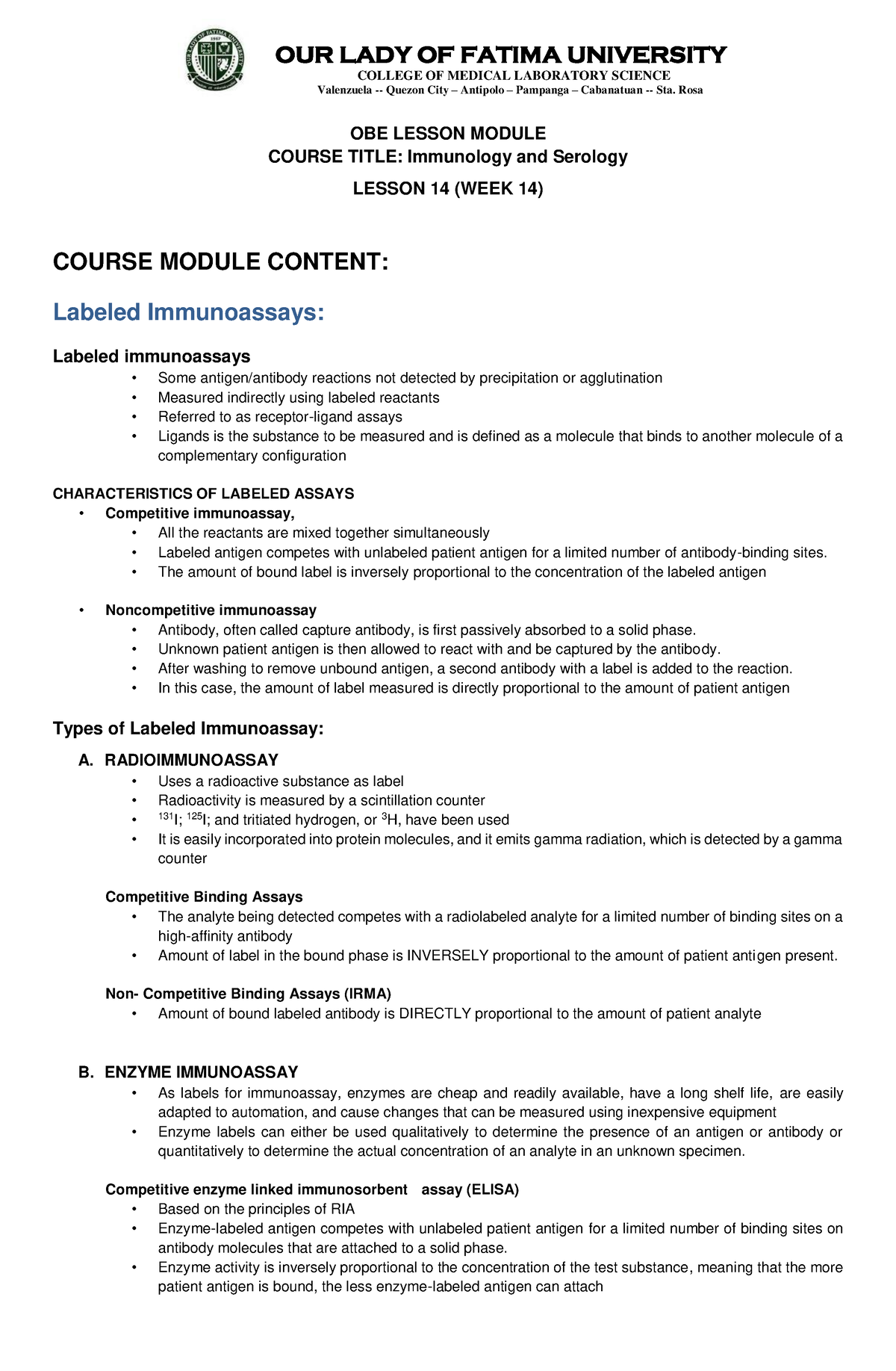 WEEK 14 Learning Module OUR LADY OF FATIMA UNIVERSITY COLLEGE OF