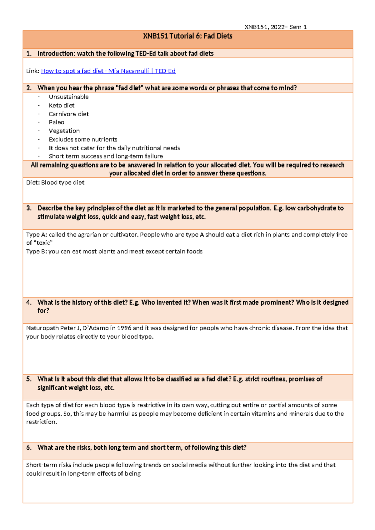 Tutorial 6 Fad Diets student - XNB151, 2022– Sem 1 XNB151 Tutorial 6 ...