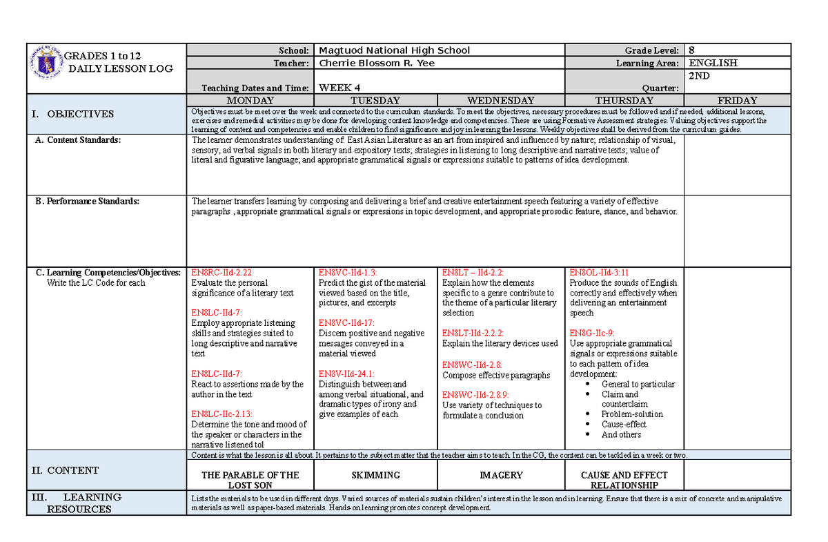 DAILY LESSON LOG ENGLISH EIGHT - GRADES 1 to 12 DAILY LESSON LOG School ...