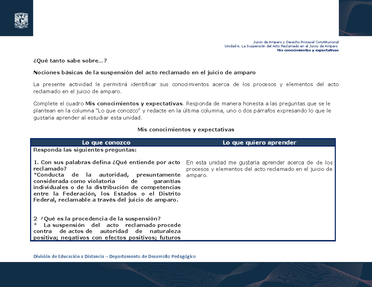 Ortizb a1u6 jadpc - CUESTIONARIO - Juicio de Amparo y Derecho Procesal ...