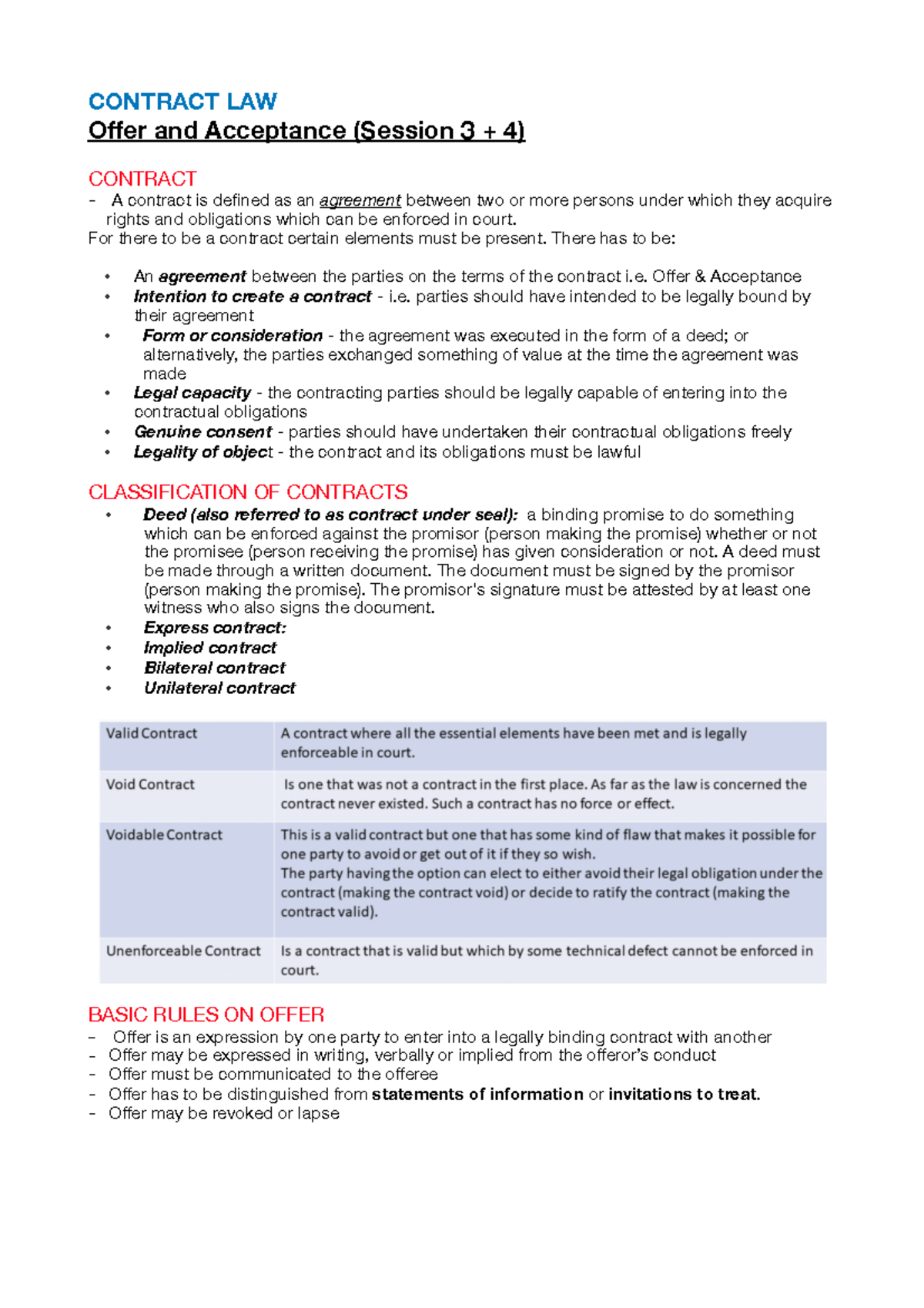 EXAM Notes - CONTRACT LAW Offer and Acceptance (Session 3 + 4) CONTRACT ...