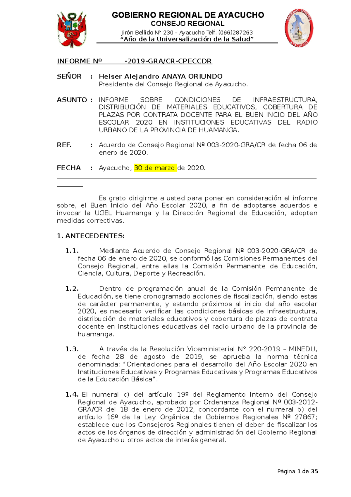 Informe DEL BUEN Inicio DEL AÑO Escolar 2020 - Jirón Bellido N° 230 –  Ayacucho Telf. (066) “Año de - Studocu