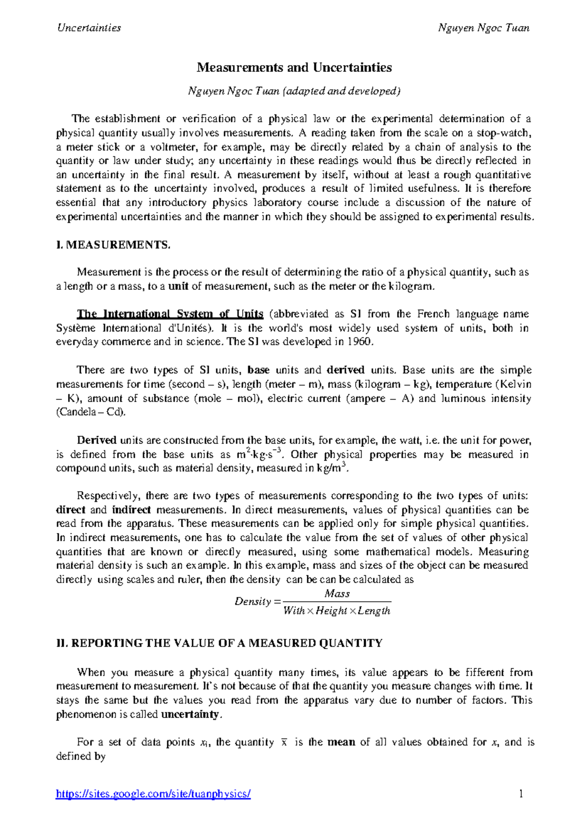 Physics 1 - Measurements and uncertainties - Nguyen Ngoc Tuan ...