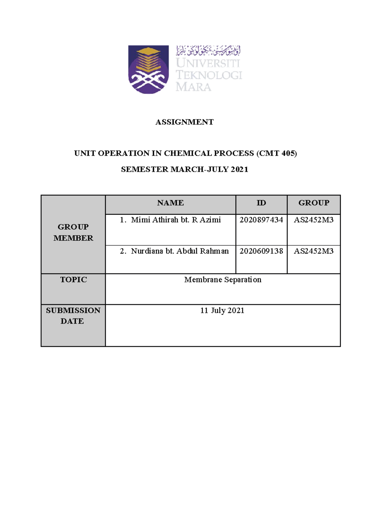 REPORT UNIT OPERATION IN CHEMICAL PROCESS (CMT 405) - ASSIGNMENT UNIT ...