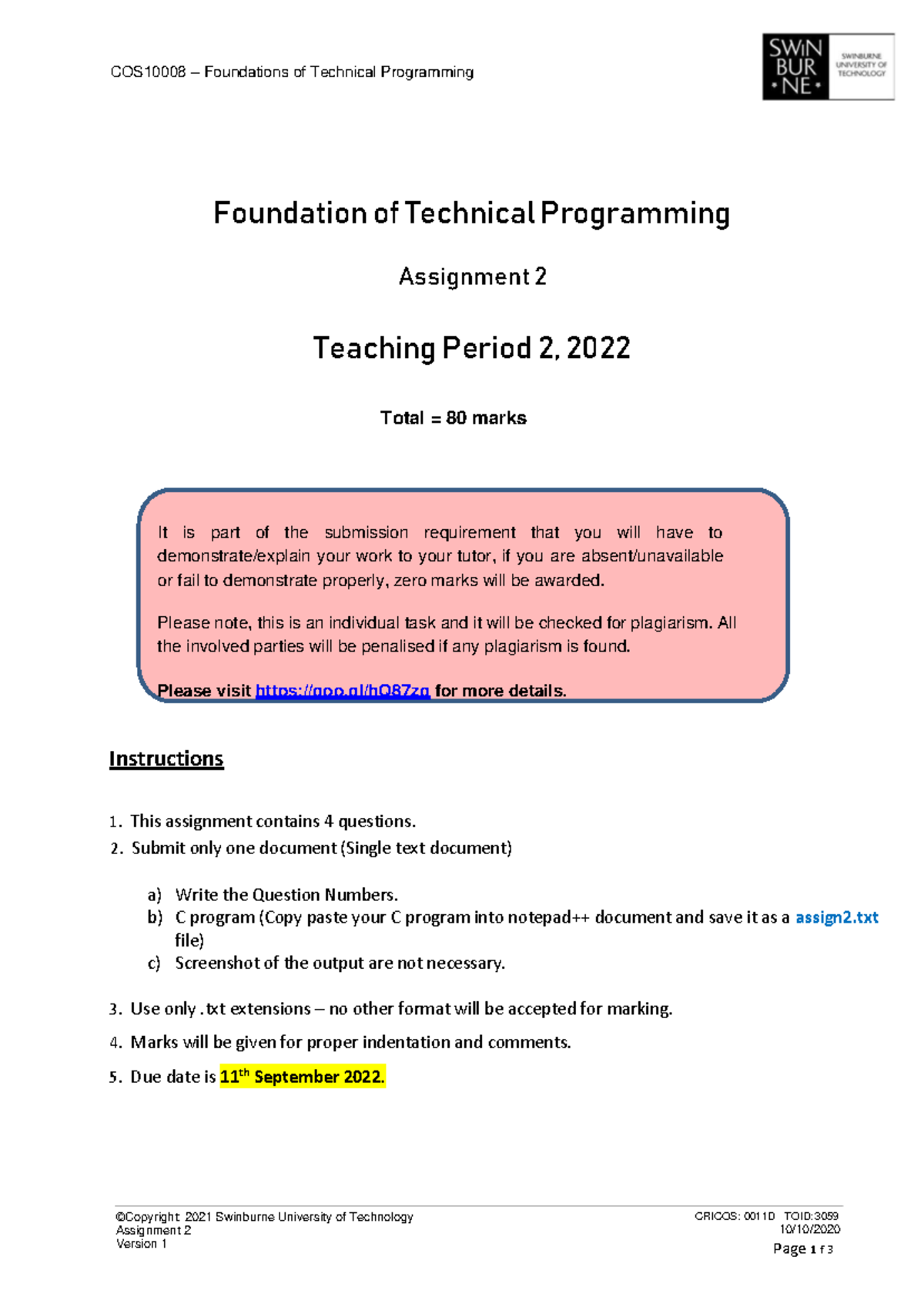 Cos10008 Assignment 2 Tp22022 Copyright 2021 Swinburne University Of Technology Assignment 2 Cos10008 Assignment 2 Tp22022 Copyright 2021 Swinburne University Of Technology Assignment 2