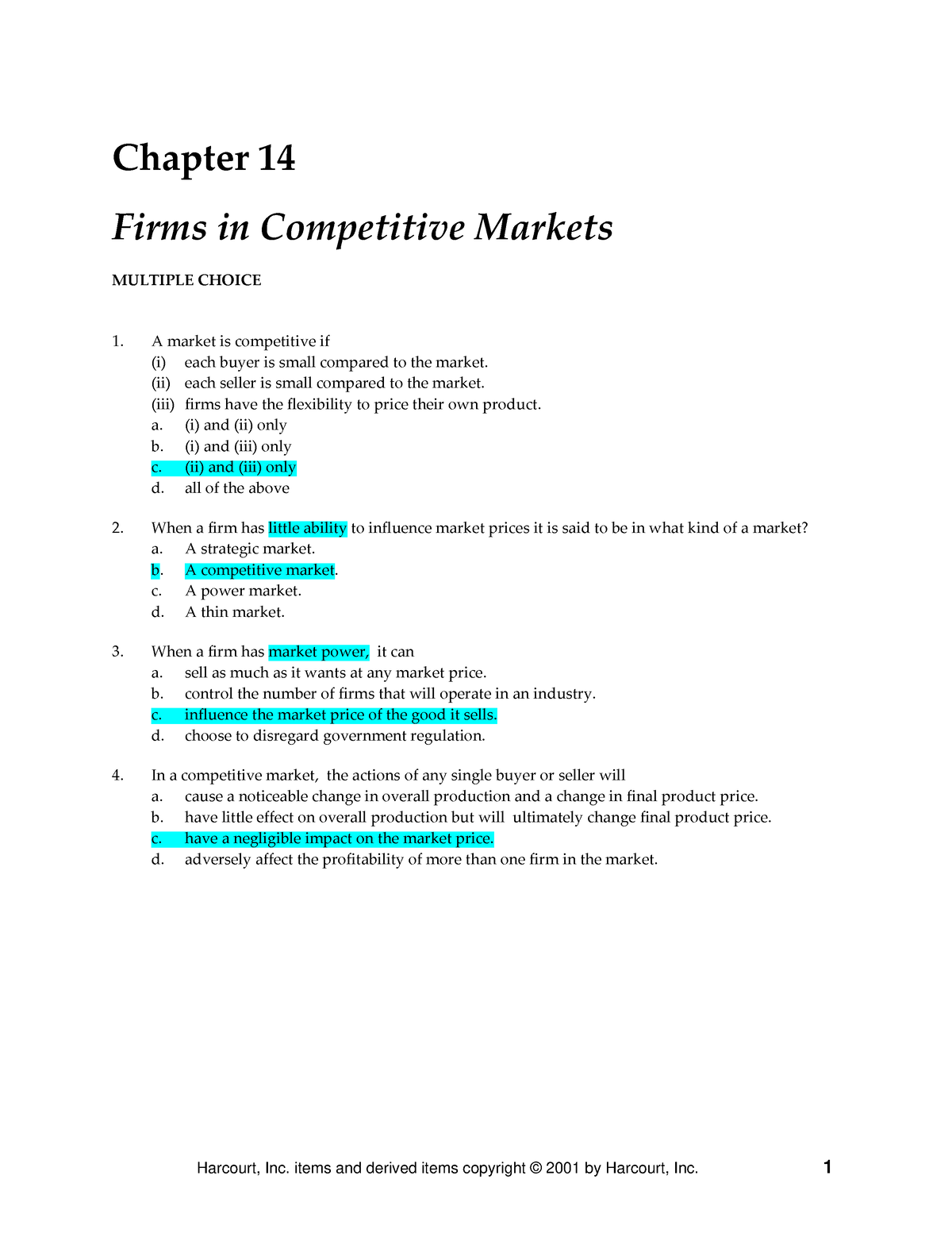 Chap 14 - MCQ - Chapter 14 Firms In Competitive Markets MULTIPLE CHOICE ...