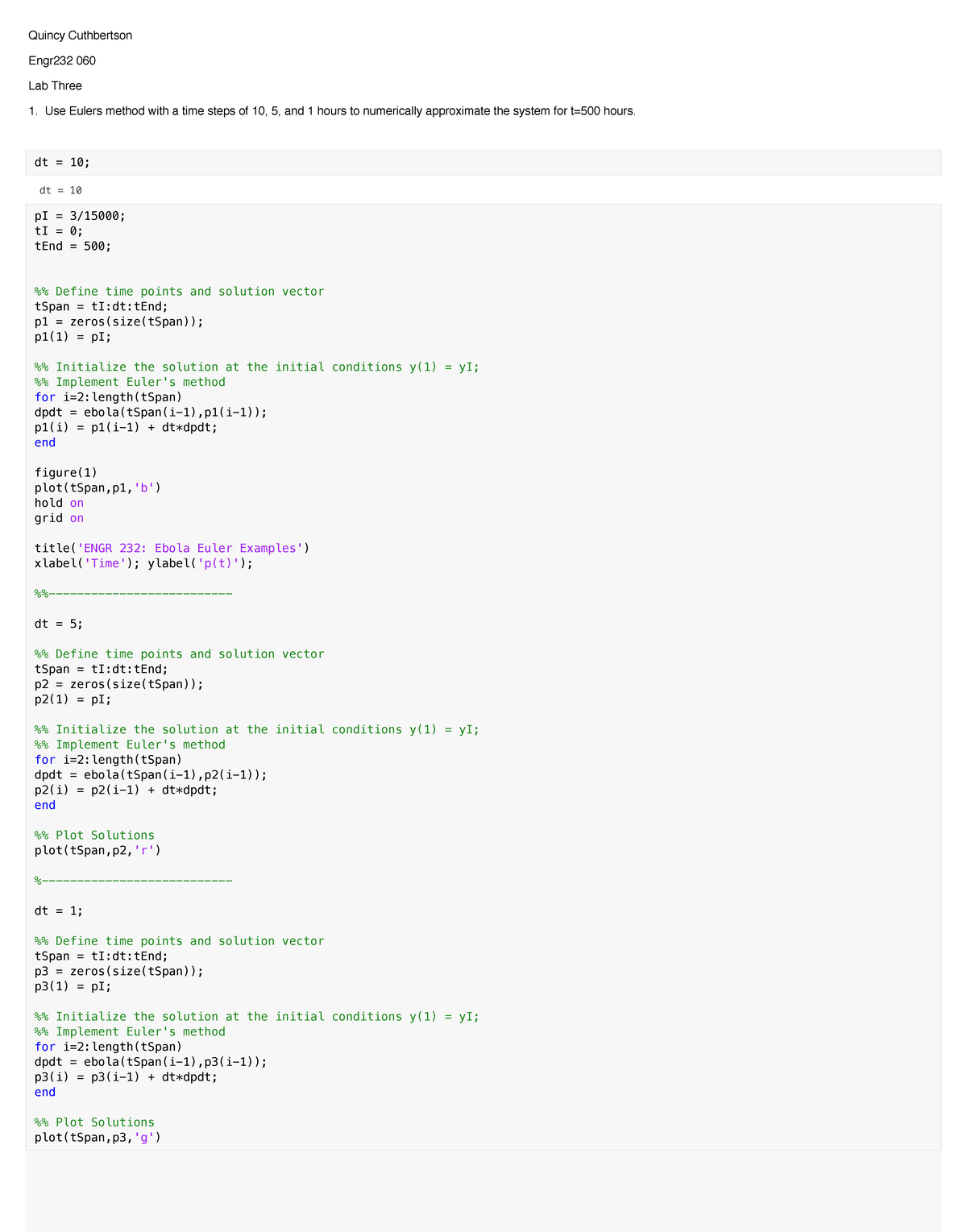 Dynamic Engineering MatLab - 3 - Quincy Cuthbertson Engr232 060 Lab ...