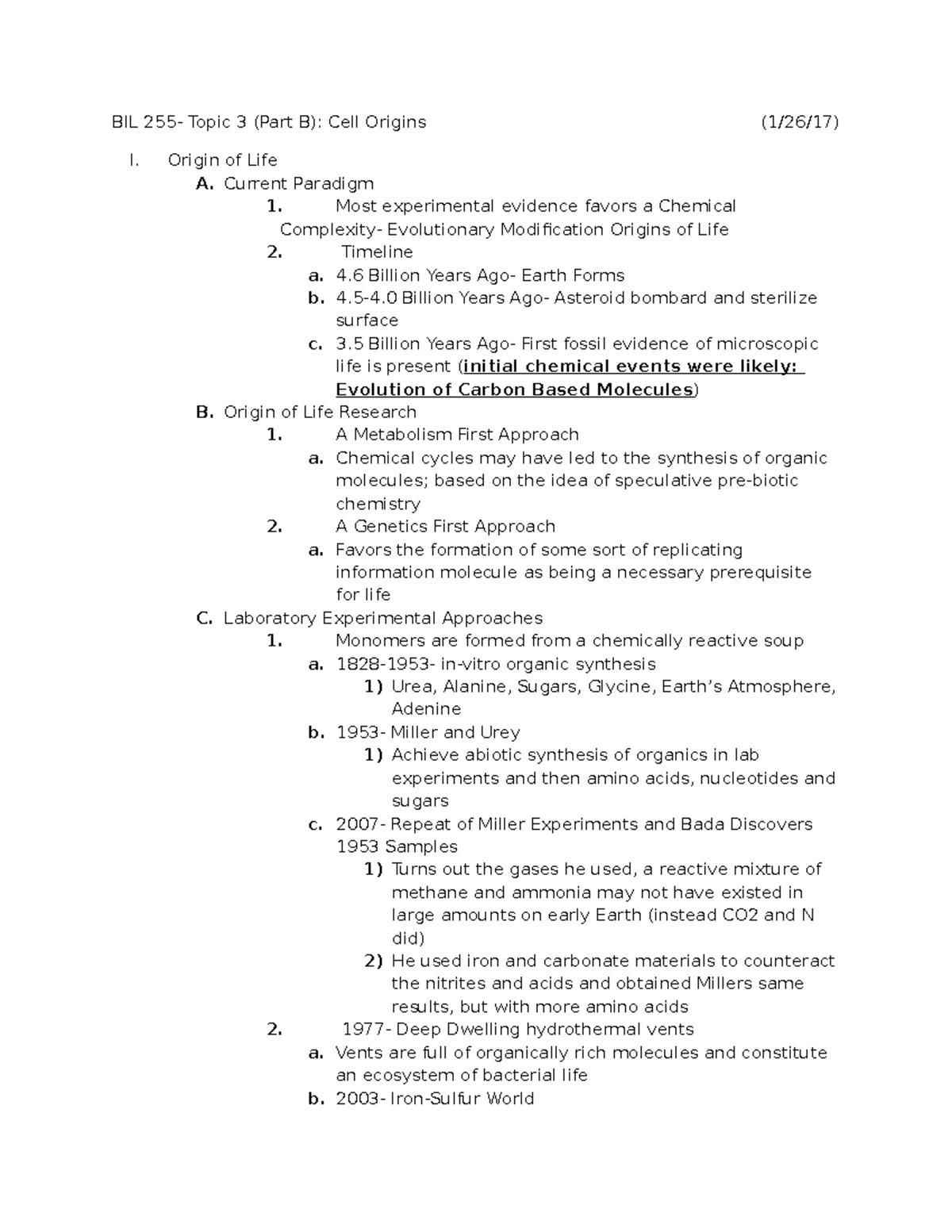 BIL 255 Topic 3B 1-26 (Exam 1) - BIL Topic 3 (Part B): Cell Origins I ...