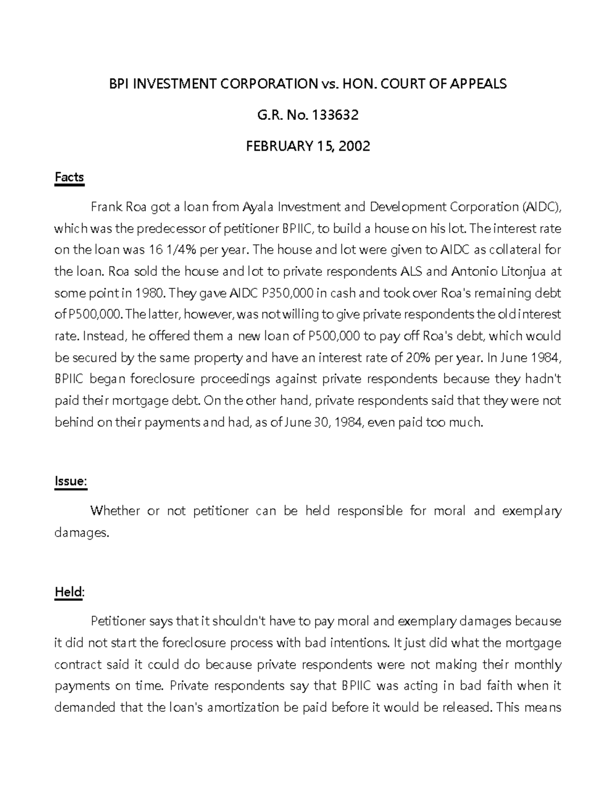 Case Digest BPI Investment Corporation vs. HON. Court OF Appeals BPI