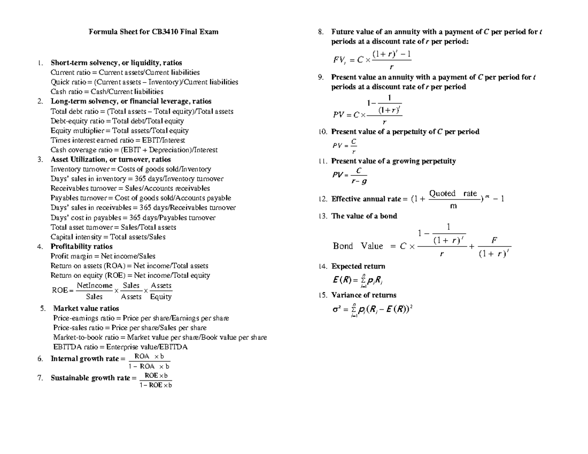 Final Exam Formula Sheet - Formula Sheet for CB3410 Final Exam Short ...