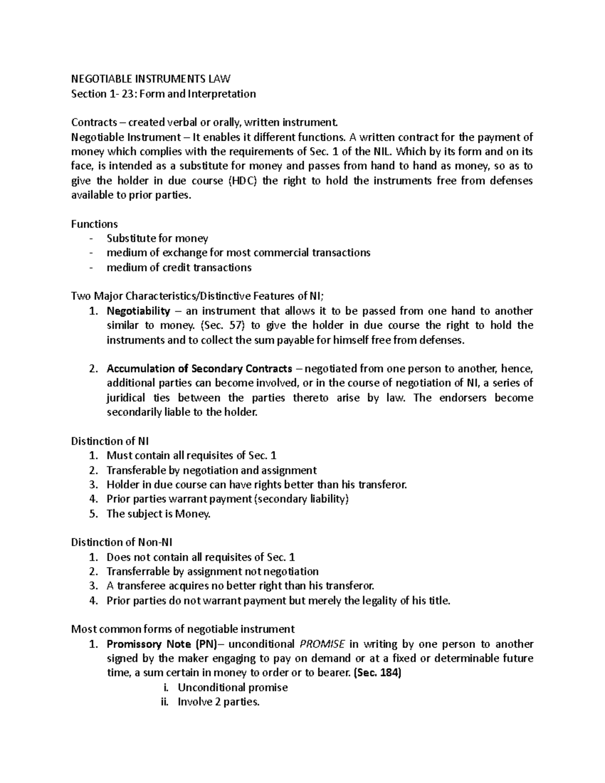 Negotiable Intruments LAW - NEGOTIABLE INSTRUMENTS LAW Section 1- 23 ...