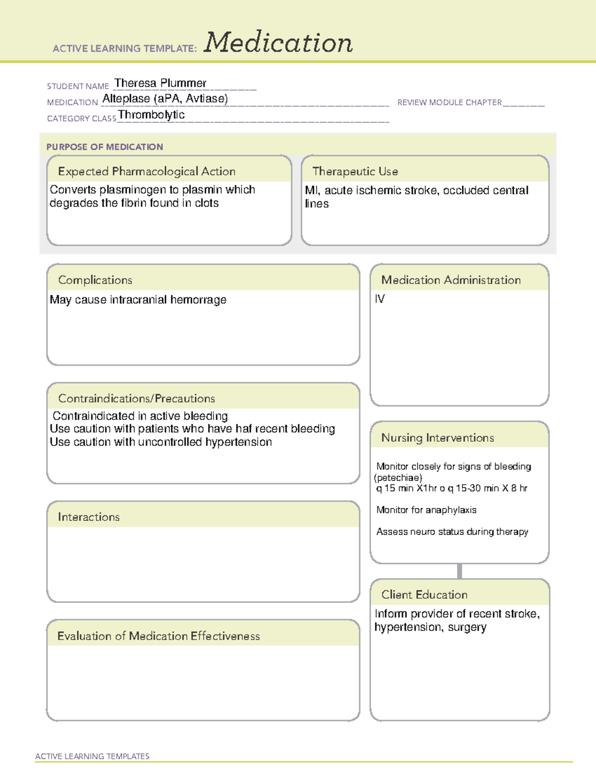 Alteplase ACTIVE LEARNING TEMPLATES Medication STUDENT NAME