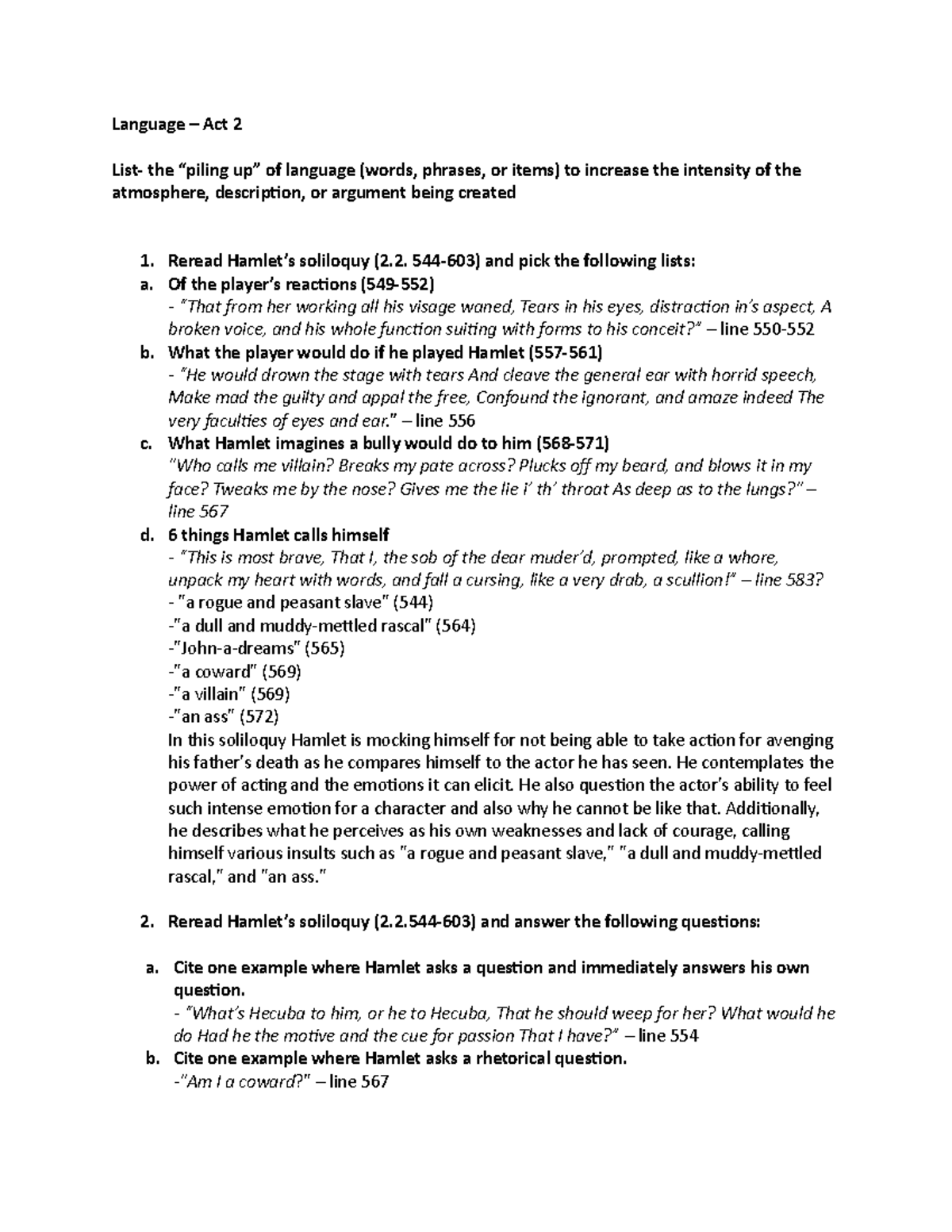 Language ACT 2 - english notes hamlet - Language – Act 2 List- the ...