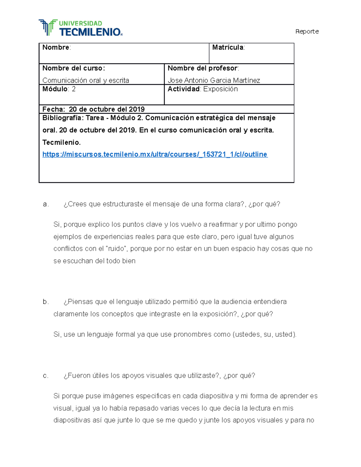 Evidencia 1 - Comunicación - Reporte Nombre : Matrícula : Nombre del ...
