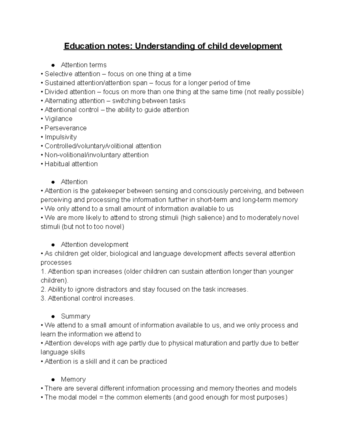 Education notes Memory, Attention, Understanding of child development ...