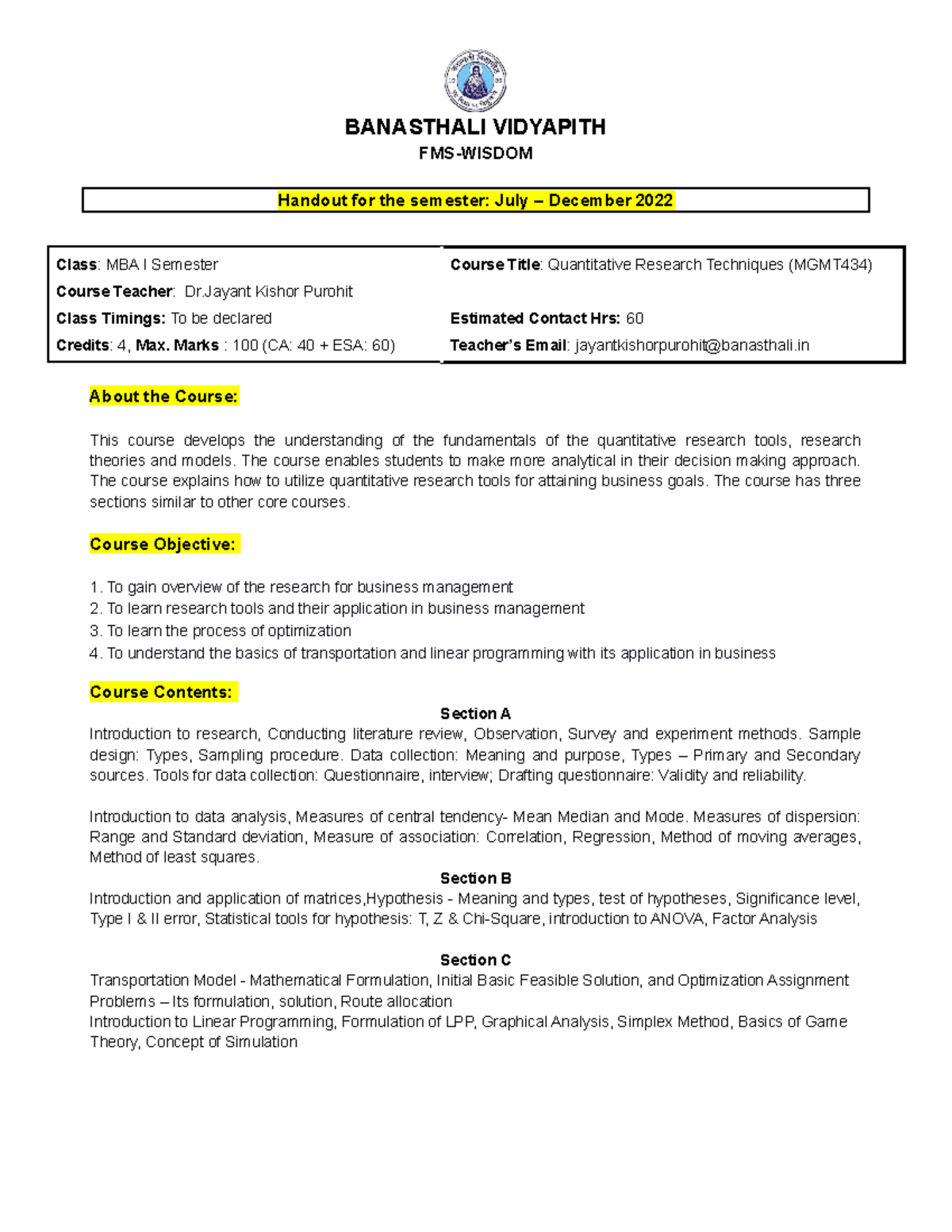 quantitative and research methods in business important questions madras university